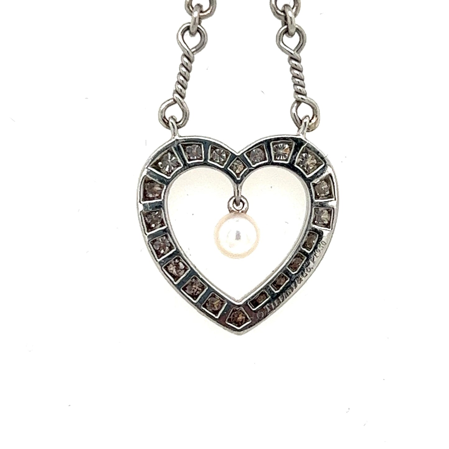 Tiffany & Co. Platinum Diamond Heart Drop Pendant Twist Wire Chain Necklace
