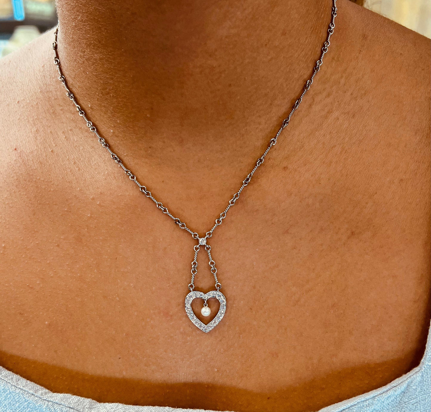 Tiffany & Co. Platinum Diamond Heart Drop Pendant Twist Wire Chain Necklace