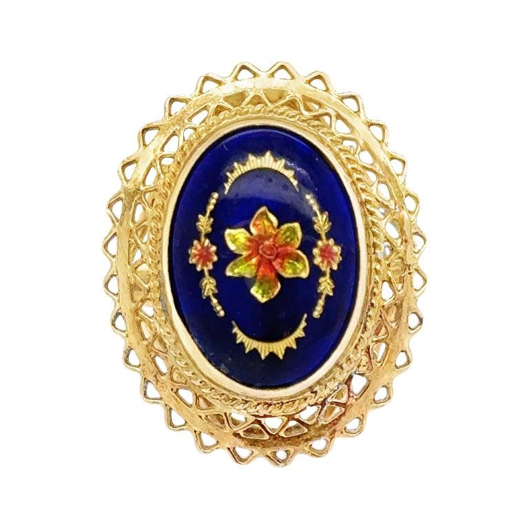 Victorian Cobalt Blue Glass Gemstone With Inlaid Golden Floral Top Ring Size 7