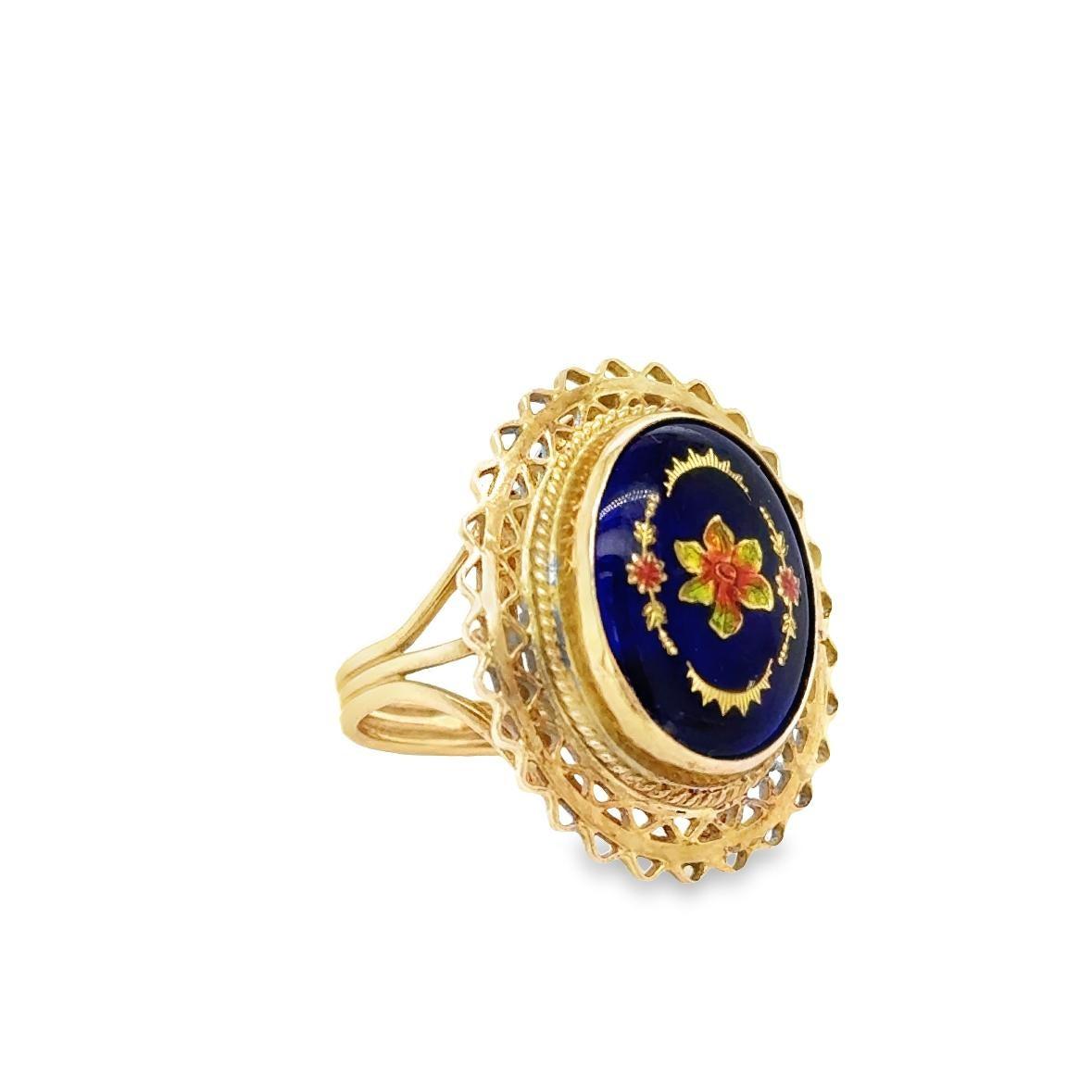 Victorian Cobalt Blue Glass Gemstone With Inlaid Golden Floral Top Ring Size 7
