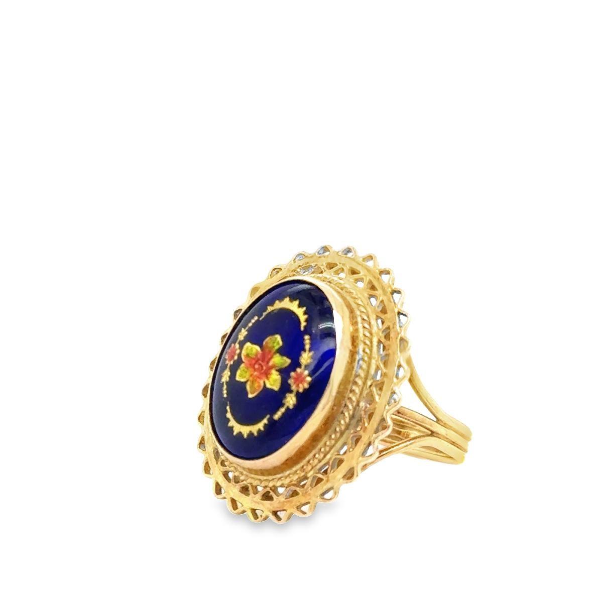 Victorian Cobalt Blue Glass Gemstone With Inlaid Golden Floral Top Ring Size 7