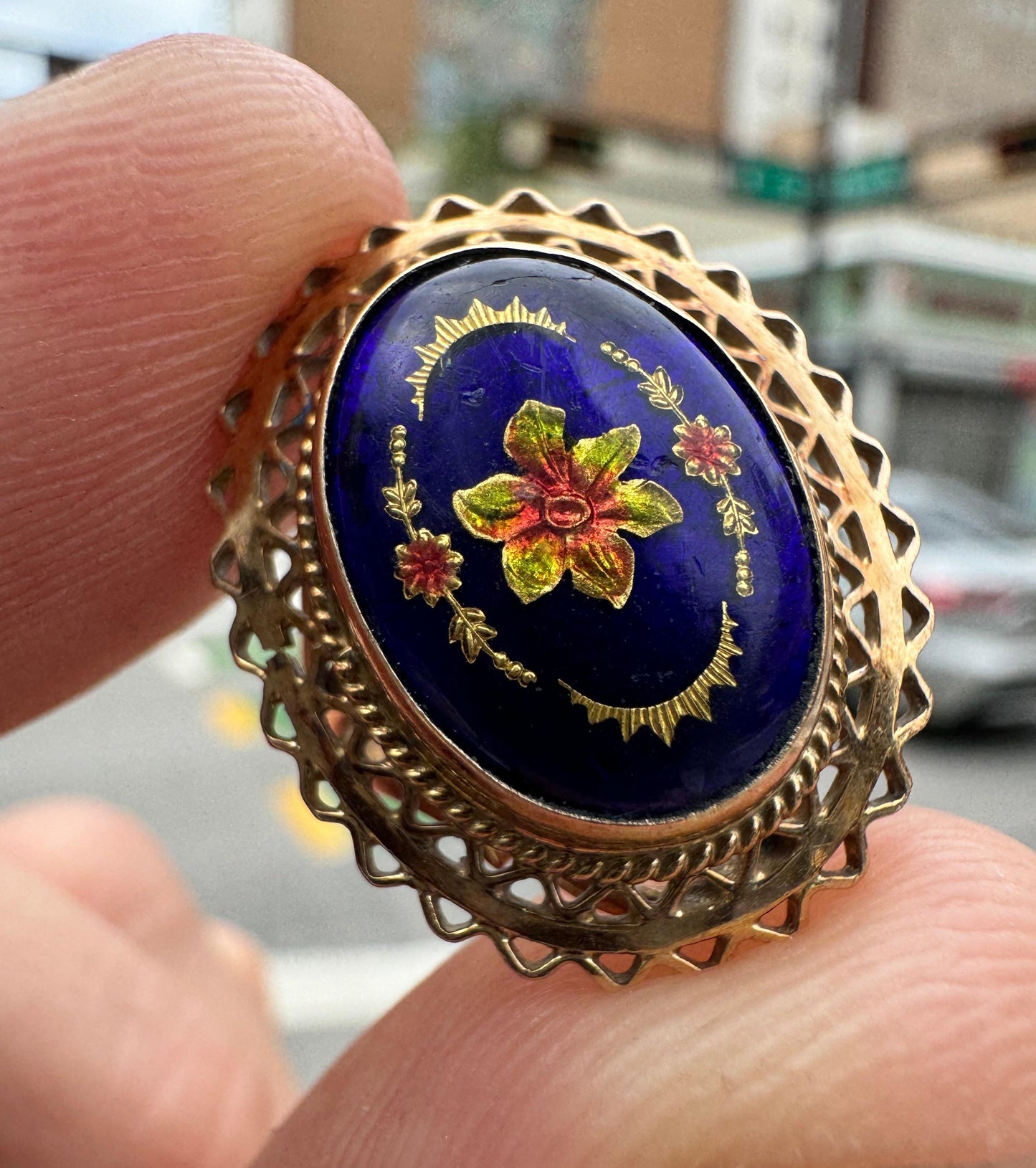 Victorian Cobalt Blue Glass Gemstone With Inlaid Golden Floral Top Ring Size 7