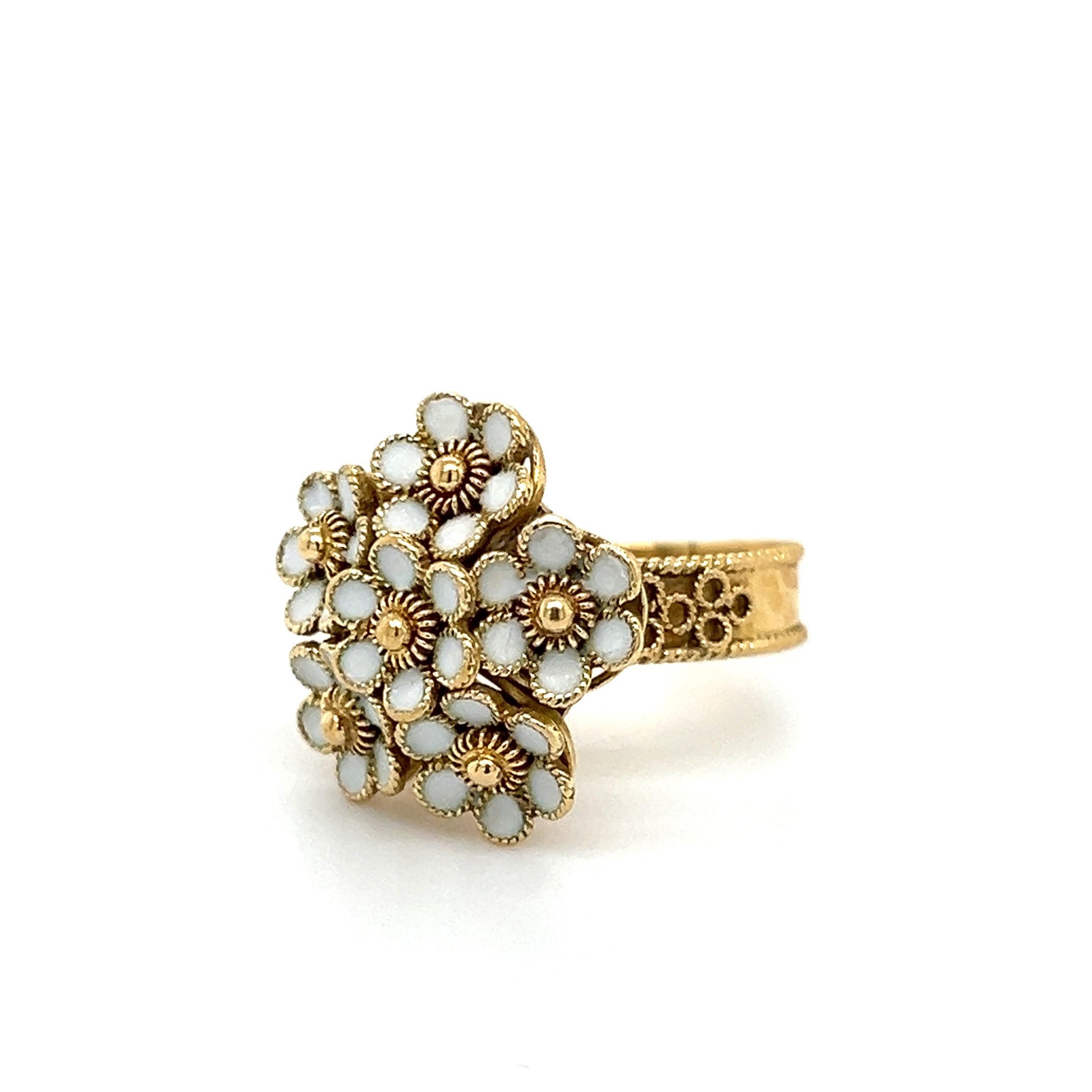 Victorian Floral Bouquet Enamel Ring 18k Yellow Gold