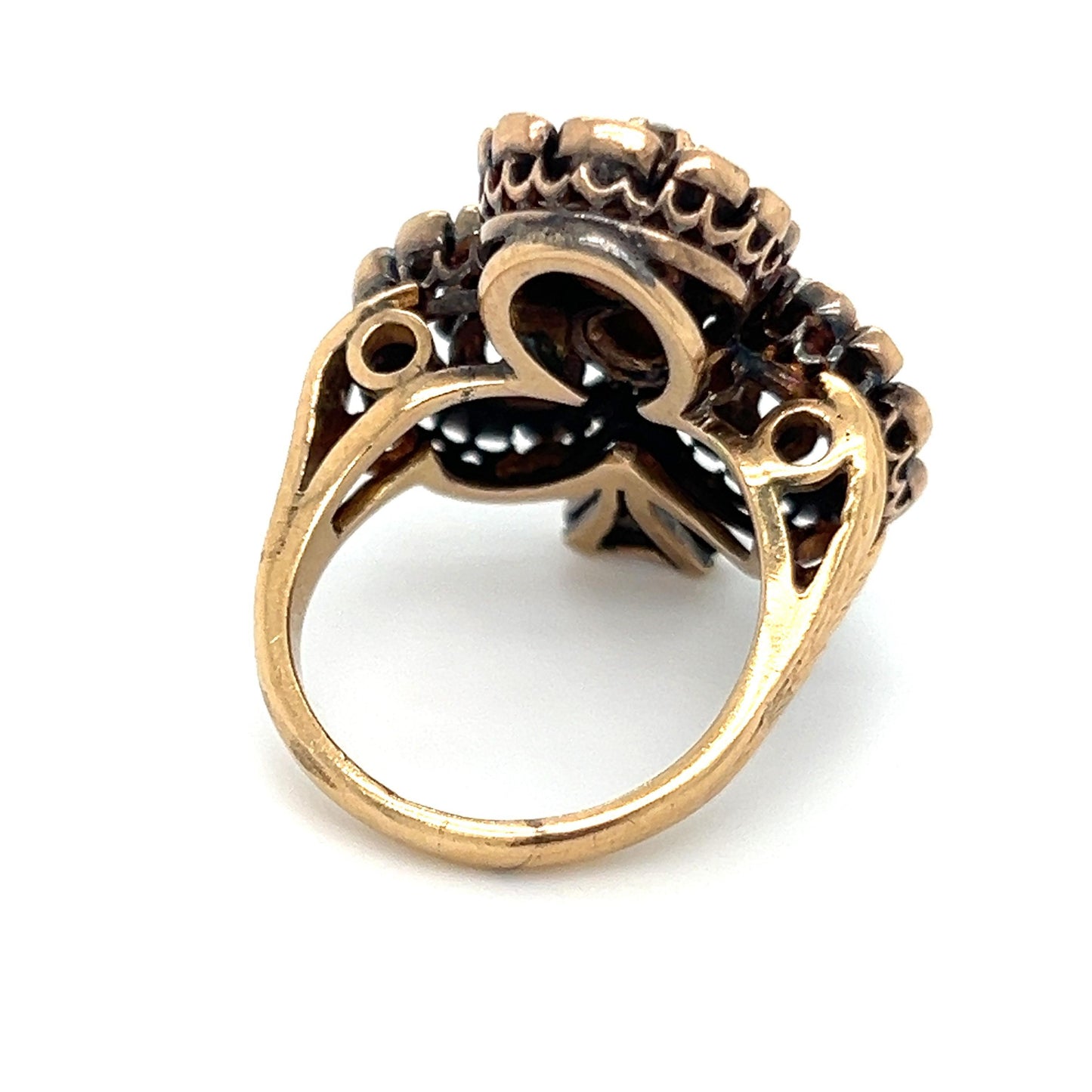 Victorian Four Leaf Clover Ring Old Mine Diamonds & Natural Pearl Gemstone