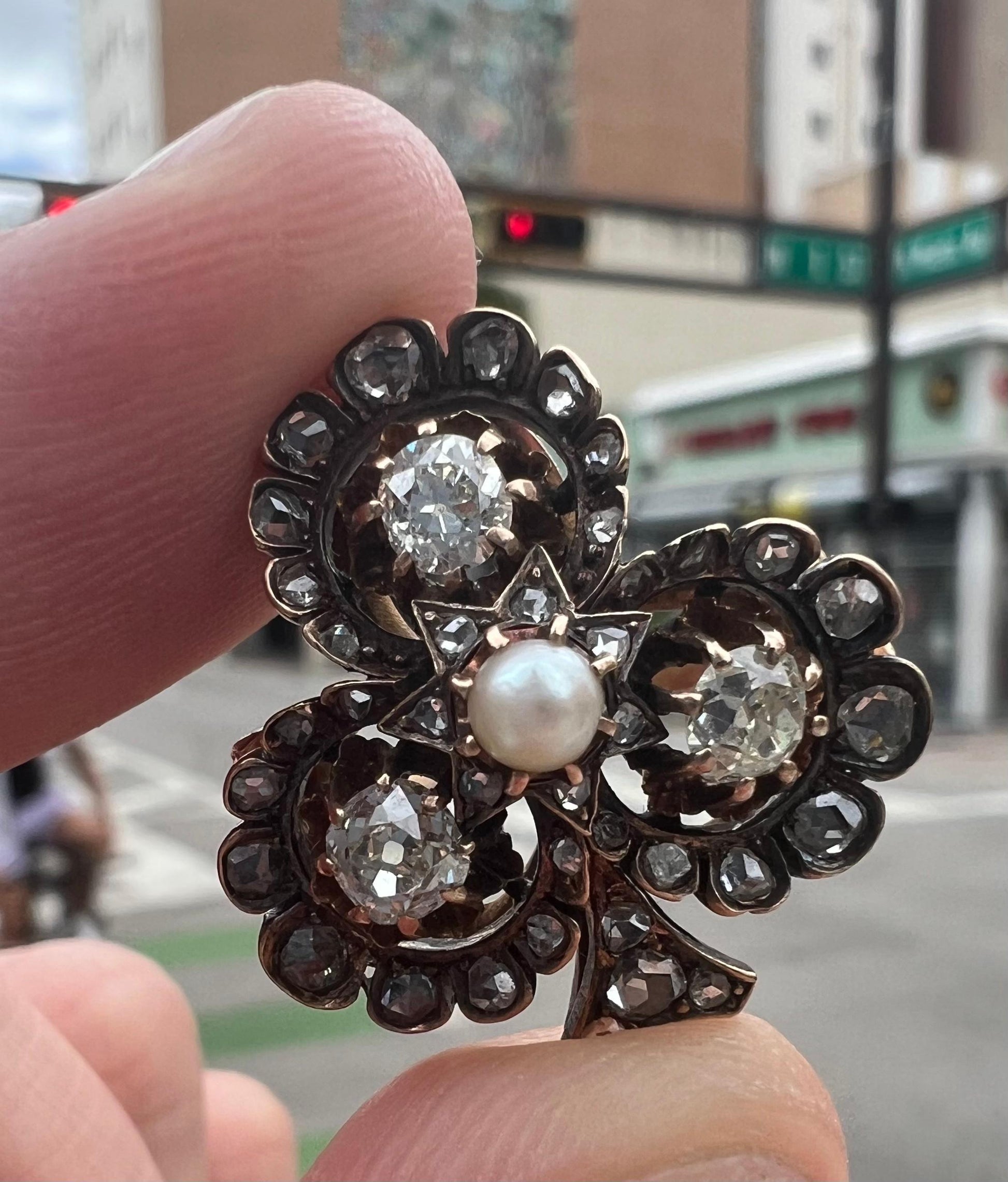 Victorian Four Leaf Clover Ring Old Mine Diamonds & Natural Pearl Gemstone