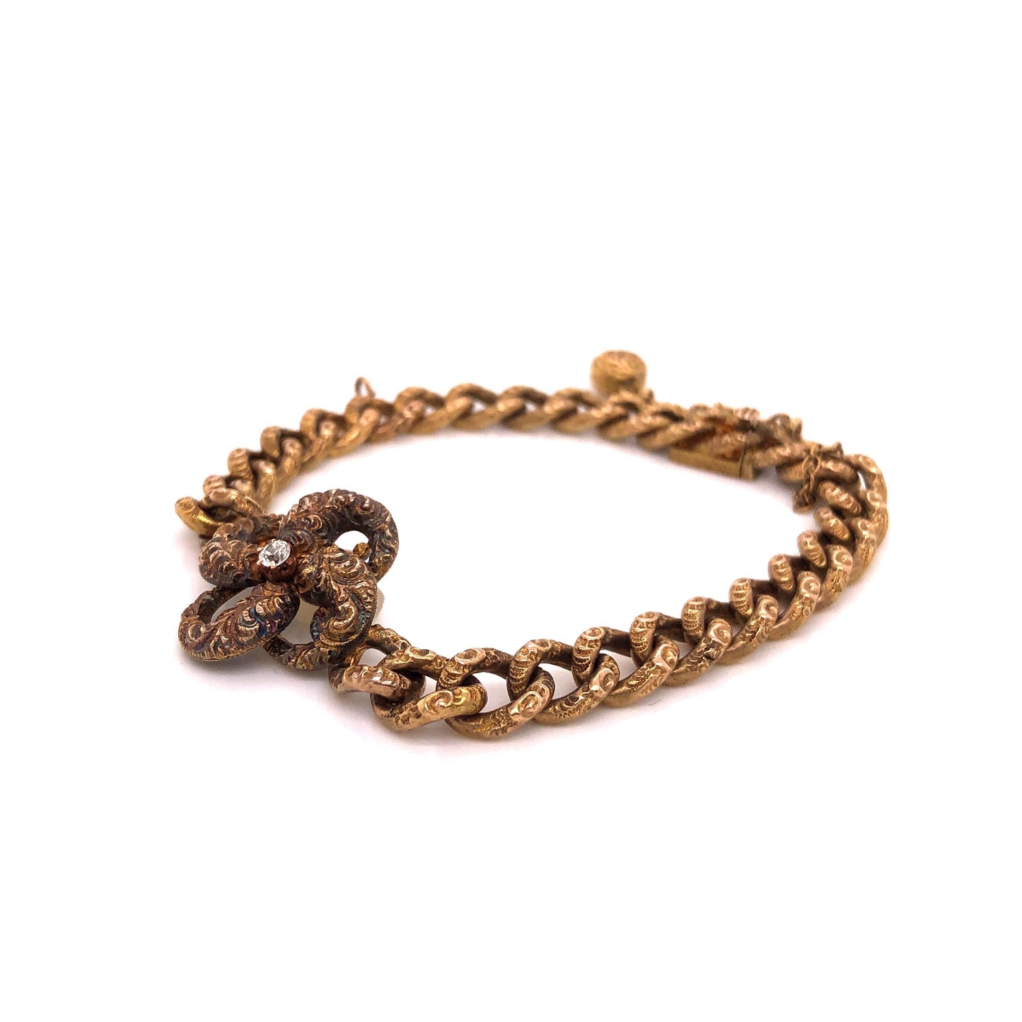 Victorian Gold and Diamond Bracelet Curved Link Etched Detail, 1895