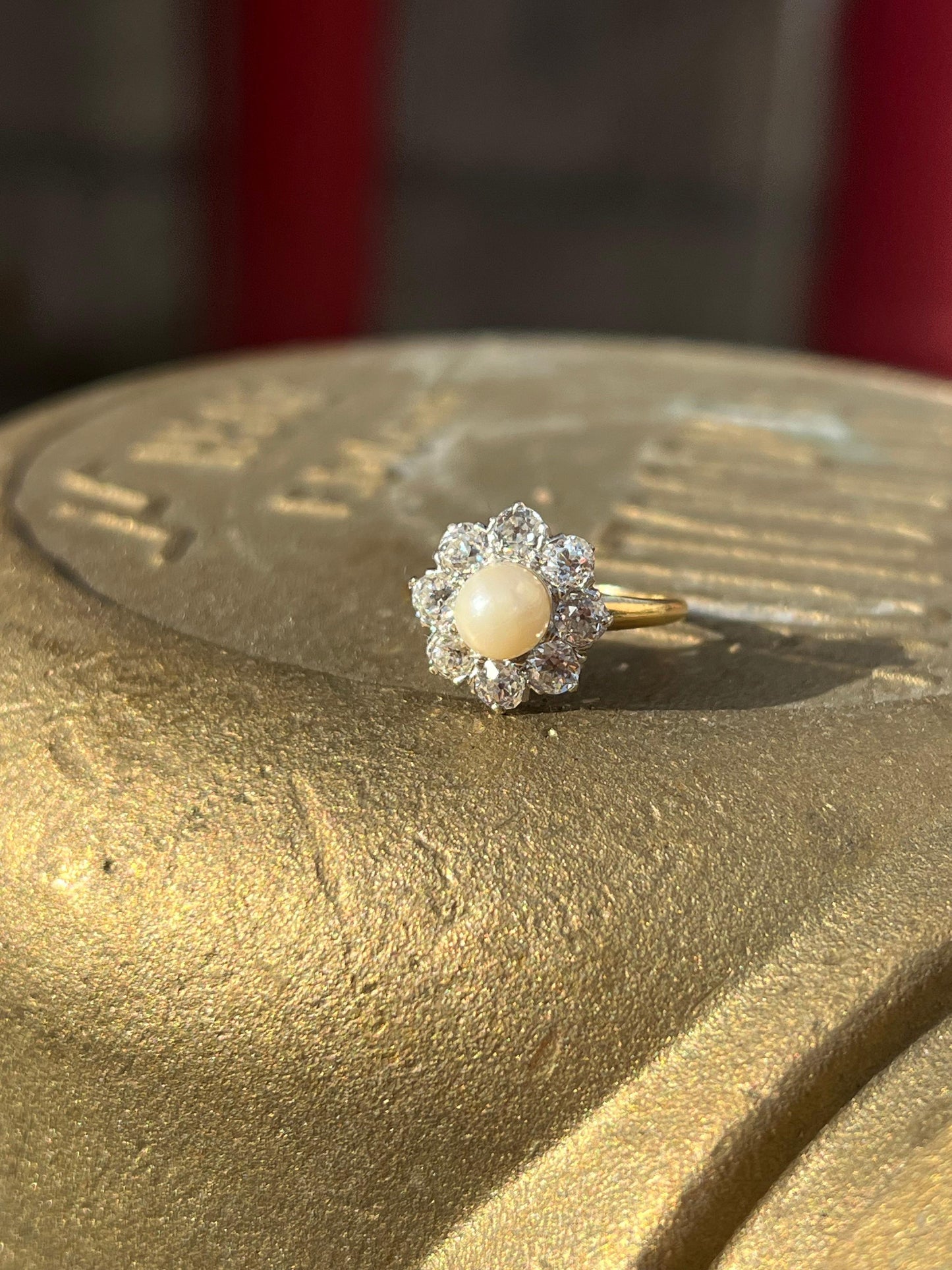 Victorian Natural Pearl & Old Mine Cut Diamond Halo Cocktail Ring