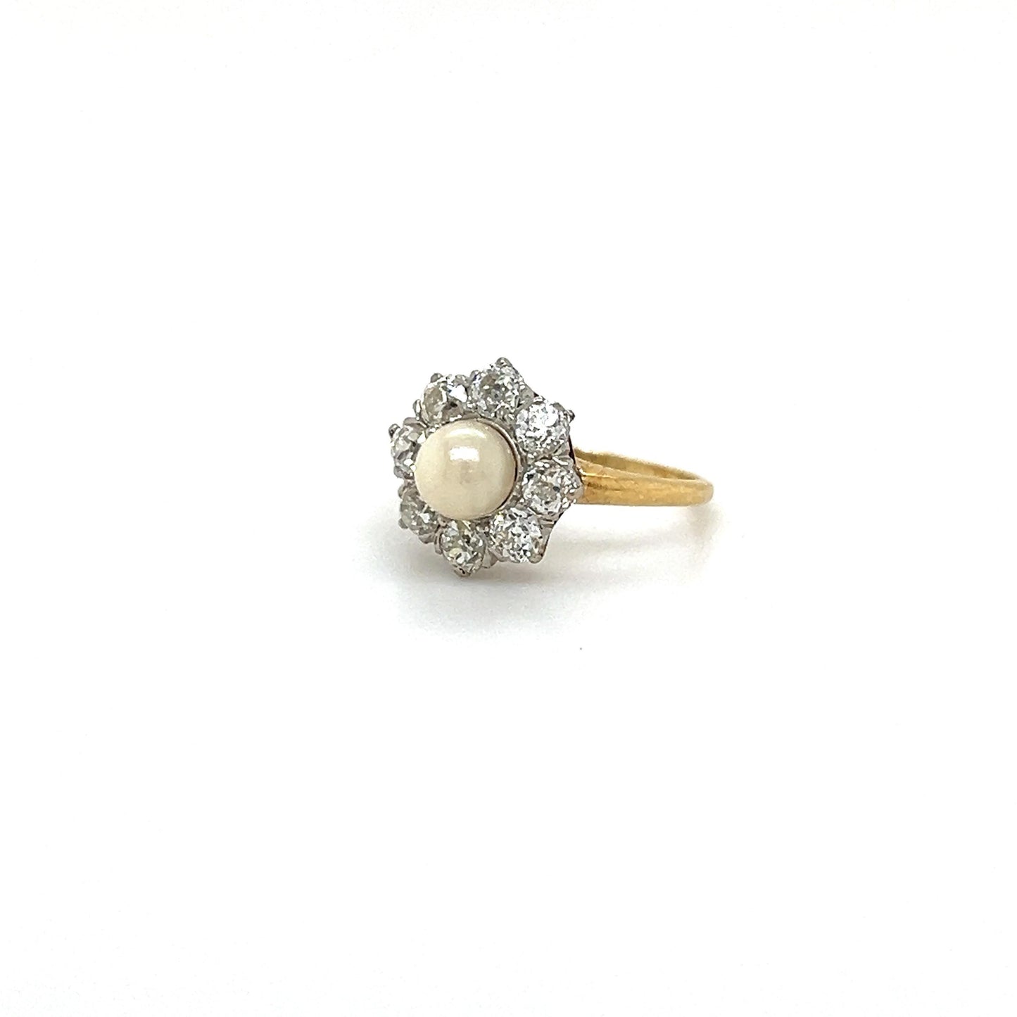 Victorian Natural Pearl & Old Mine Cut Diamond Halo Cocktail Ring