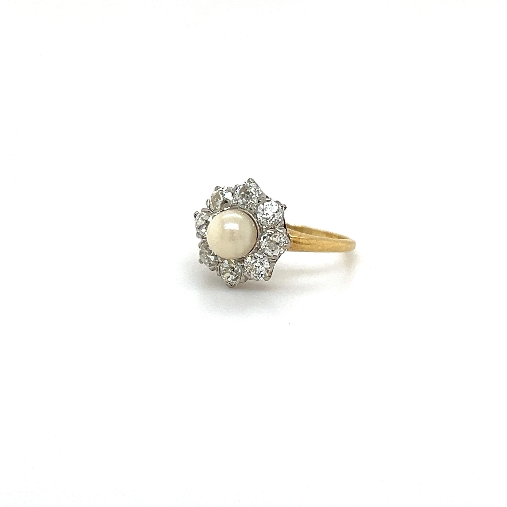 Victorian Natural Pearl & Old Mine Cut Diamond Halo Cocktail Ring