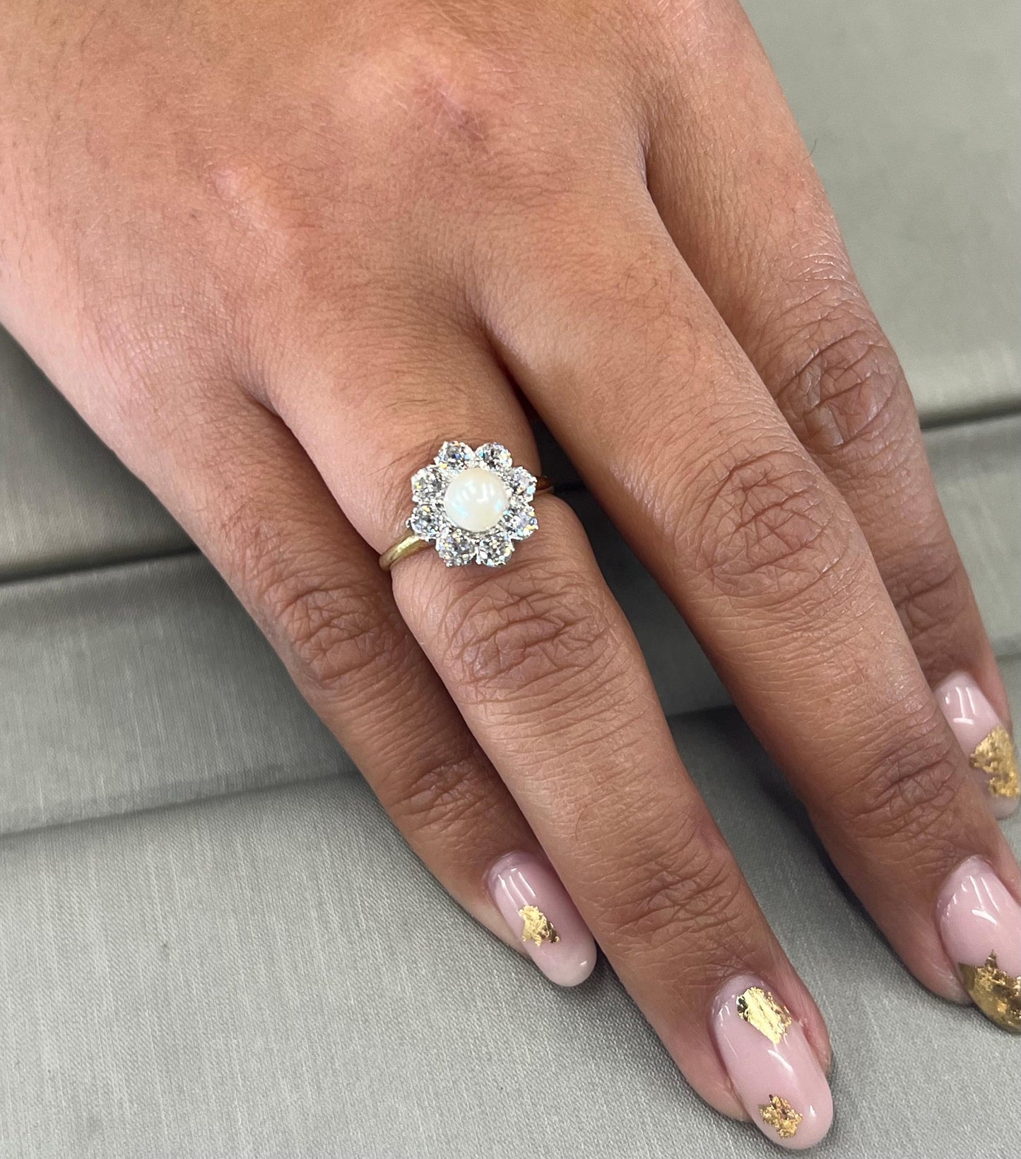 Victorian Natural Pearl & Old Mine Cut Diamond Halo Cocktail Ring