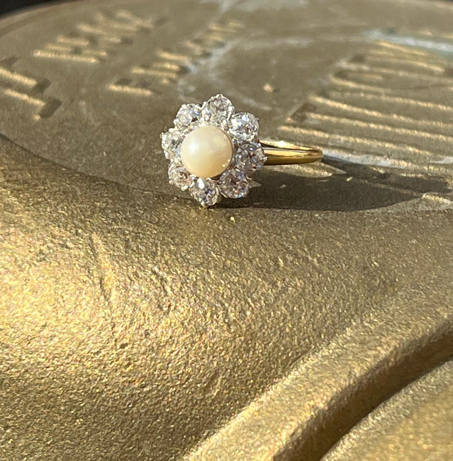 Victorian Natural Pearl & Old Mine Cut Diamond Halo Cocktail Ring