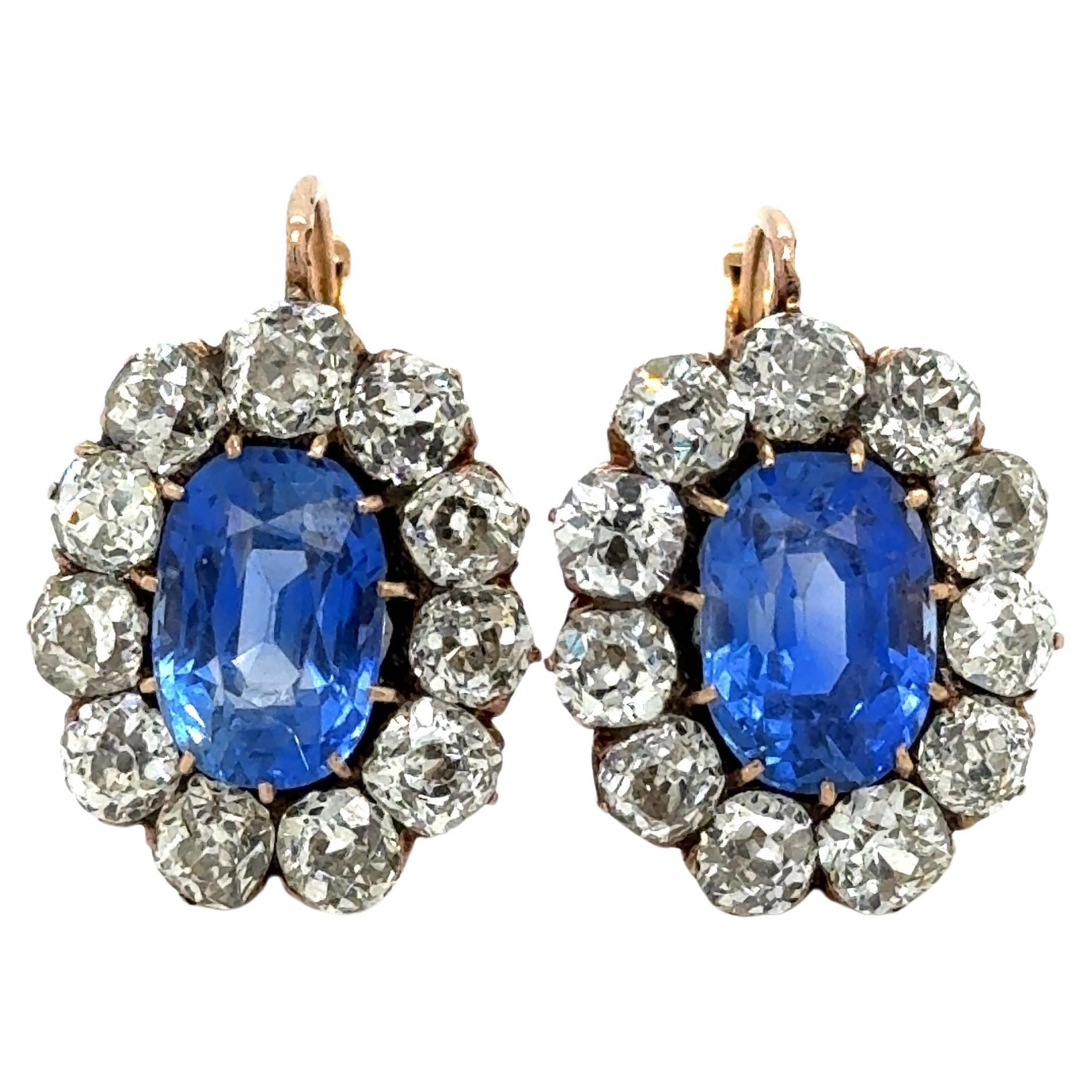 Victorian Sapphire & Old Mine Cut Diamonds Cluster Drop Earrings French Made