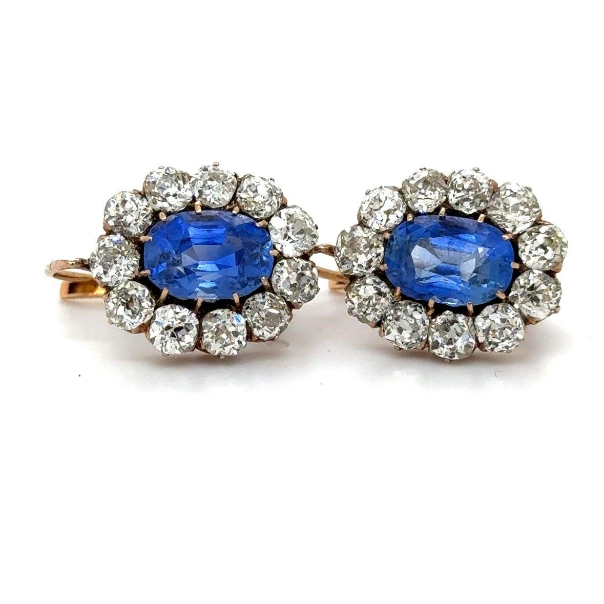 Victorian Sapphire & Old Mine Cut Diamonds Cluster Drop Earrings French Made