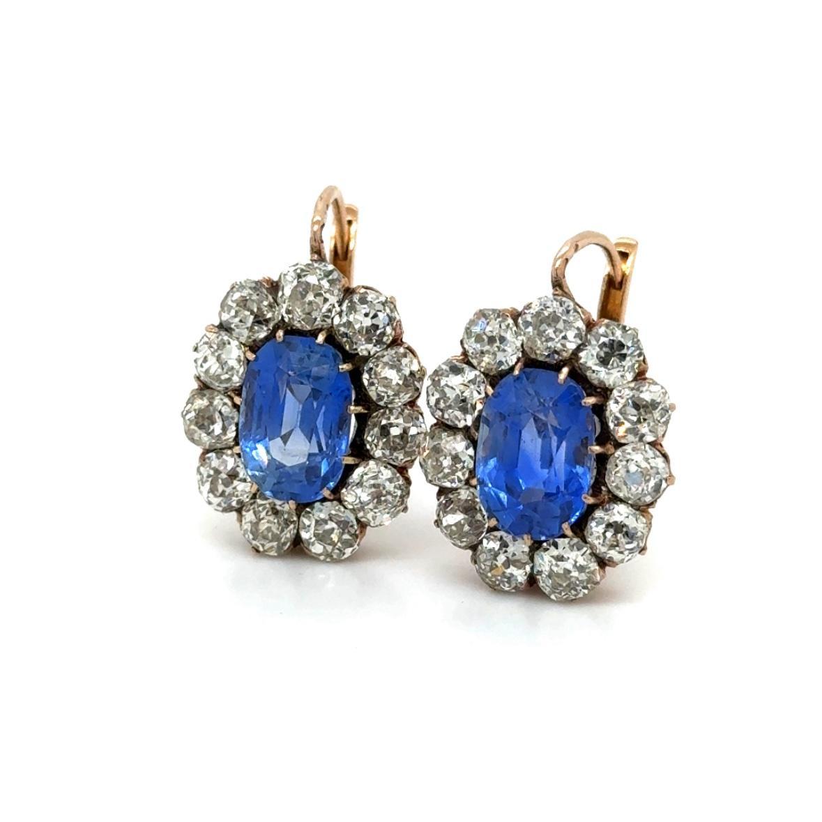 Victorian Sapphire & Old Mine Cut Diamonds Cluster Drop Earrings French Made