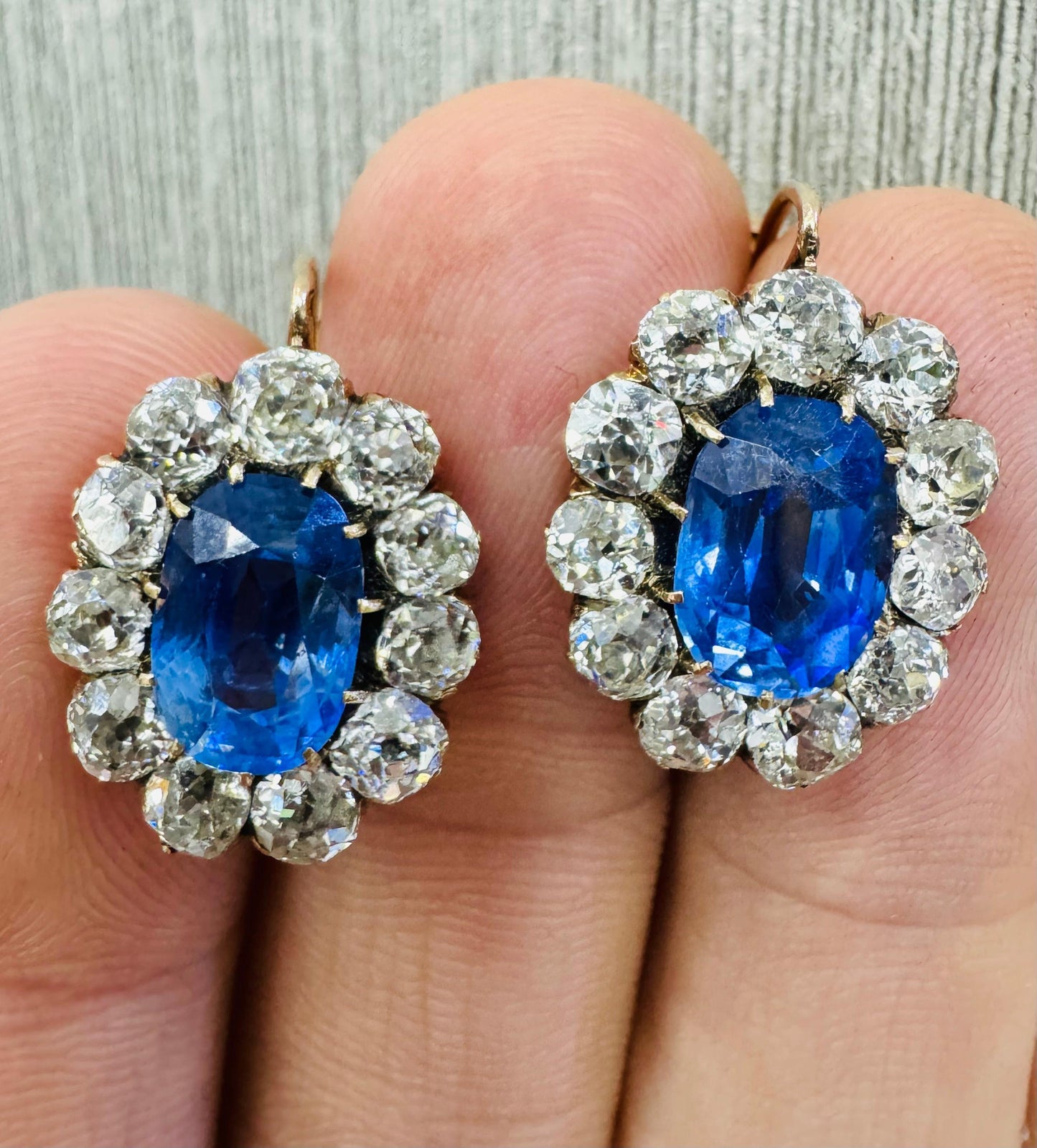 Victorian Sapphire & Old Mine Cut Diamonds Cluster Drop Earrings French Made