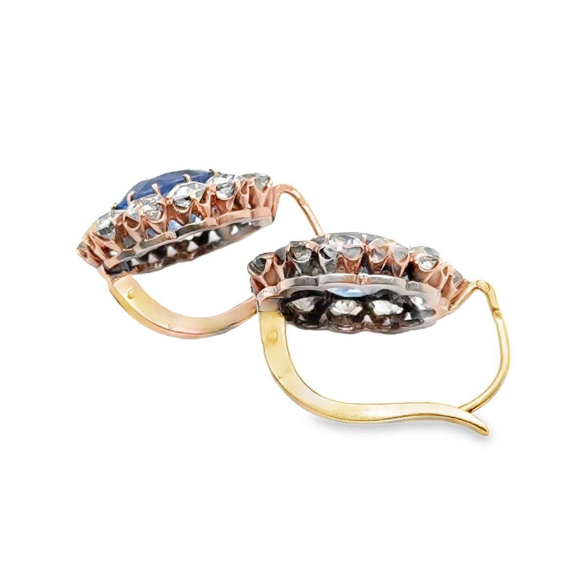 Victorian Sapphire & Old Mine Cut Diamonds Cluster Drop Earrings French Made