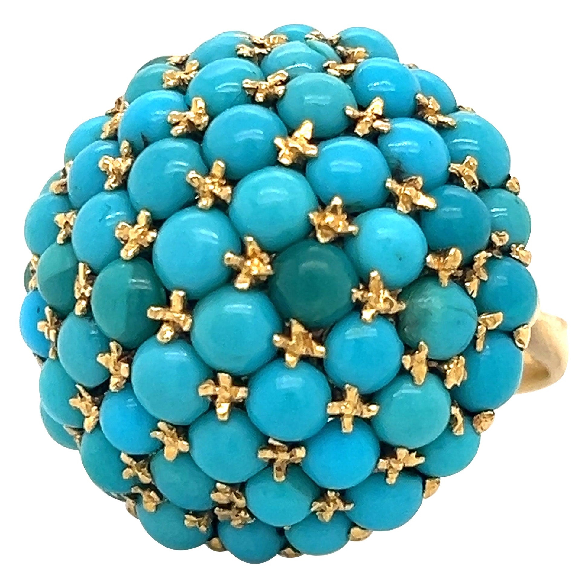 Victorian Turquoise Gemstone Bombe Cocktail Ring 18k Yellow Gold