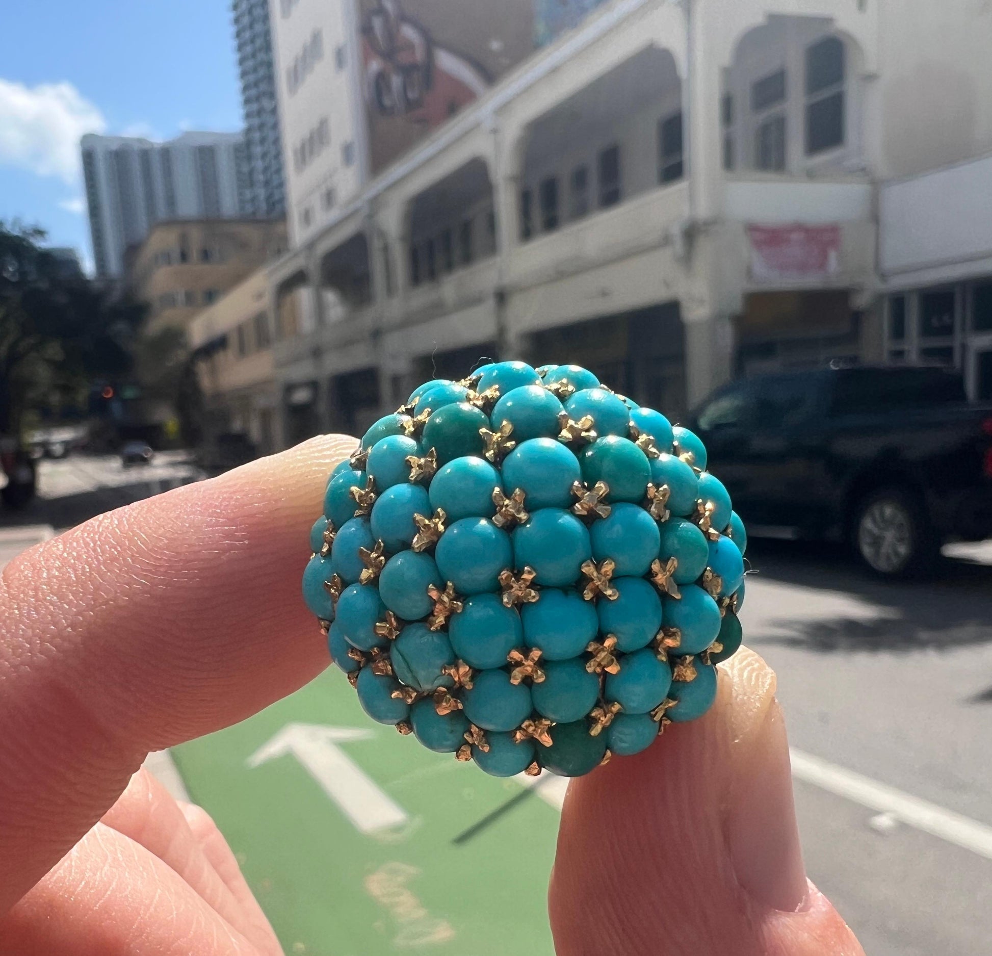 Victorian Turquoise Gemstone Bombe Cocktail Ring 18k Yellow Gold