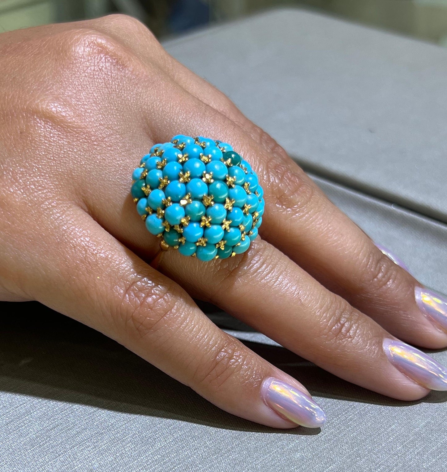 Victorian Turquoise Gemstone Bombe Cocktail Ring 18k Yellow Gold