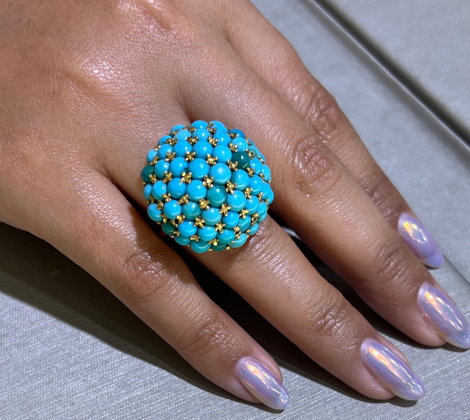 Victorian Turquoise Gemstone Bombe Cocktail Ring 18k Yellow Gold