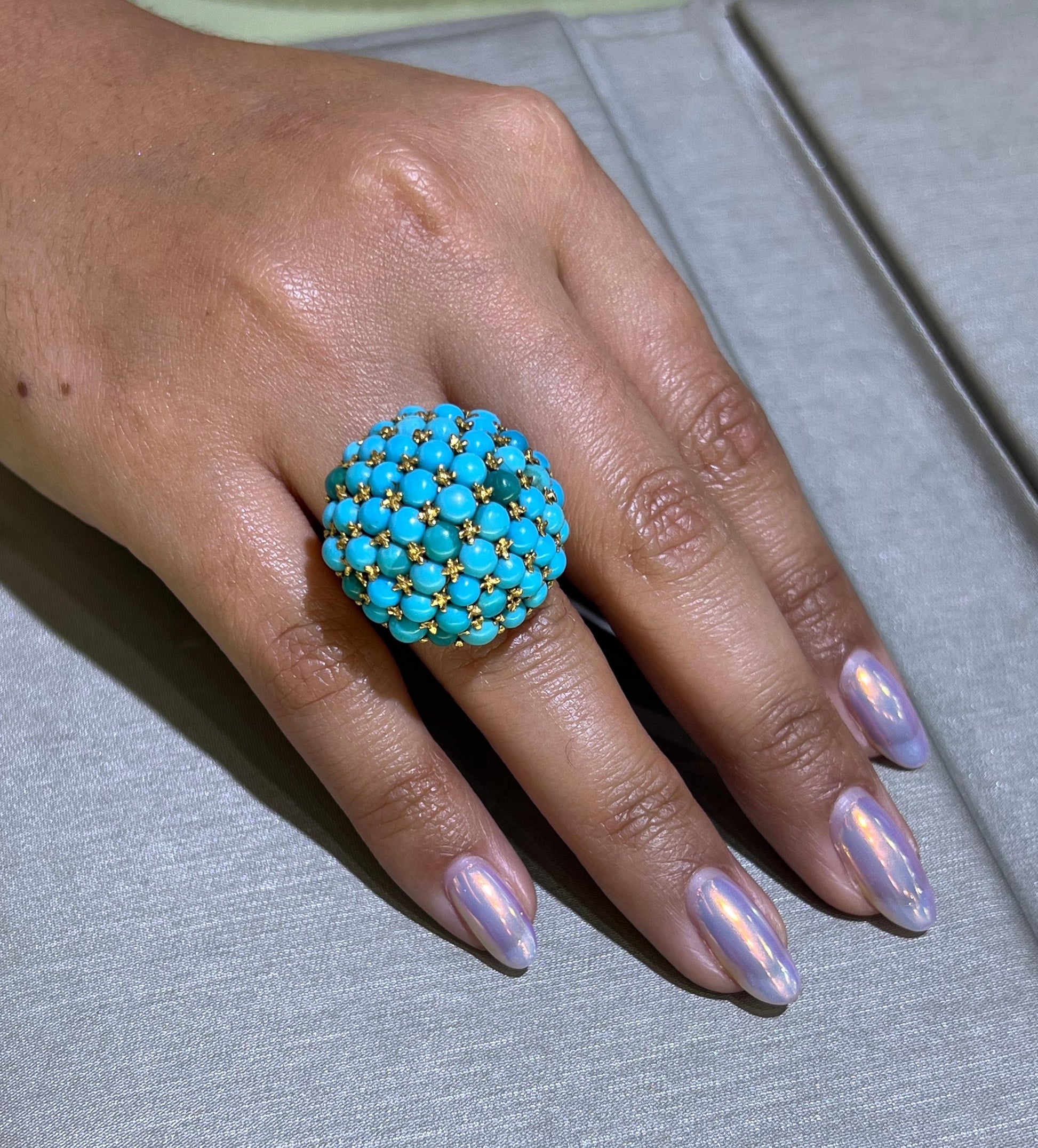 Victorian Turquoise Gemstone Bombe Cocktail Ring 18k Yellow Gold