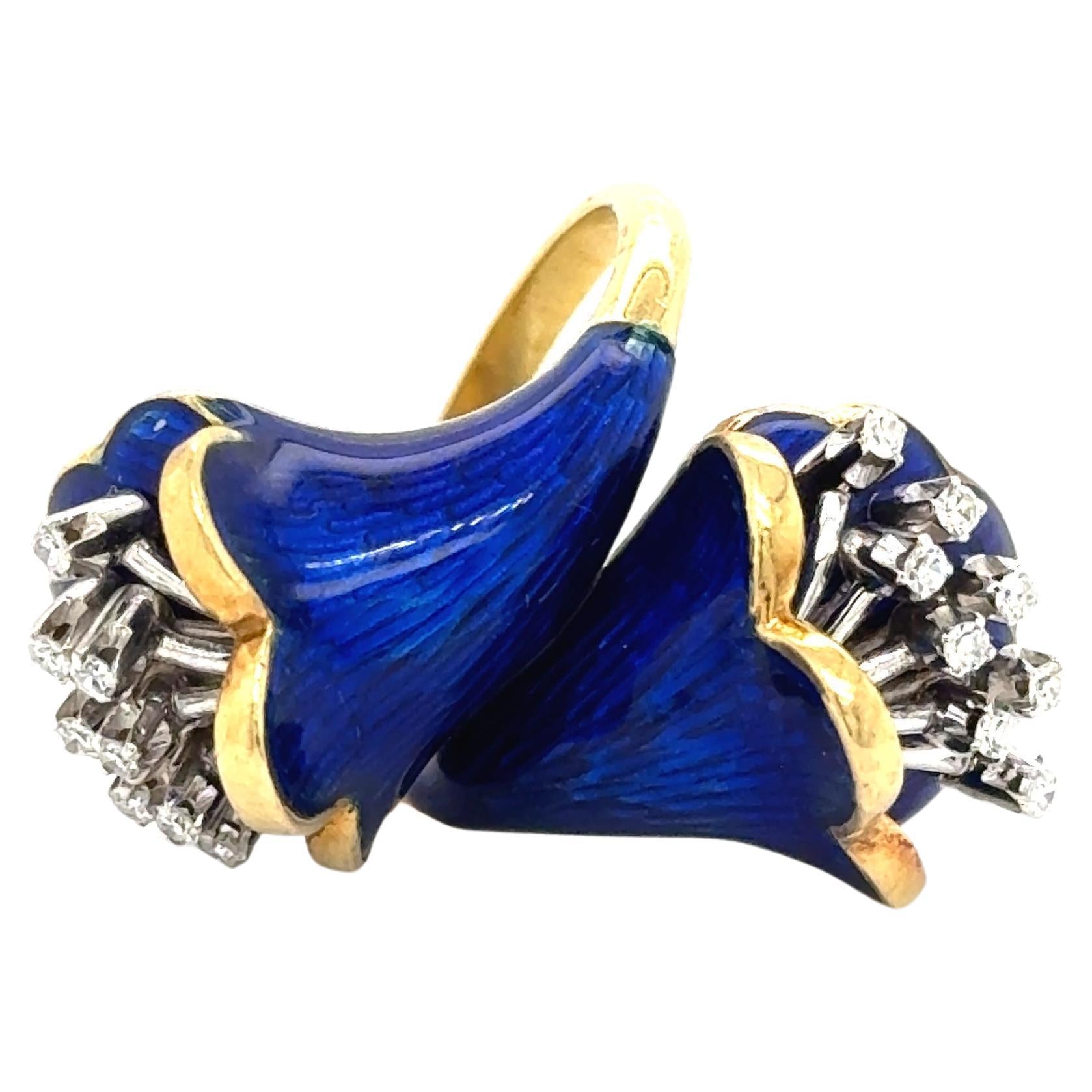 Vintage Calla Lillie Floral Diamond & Cobalt Blue Enamel Cocktail Ring