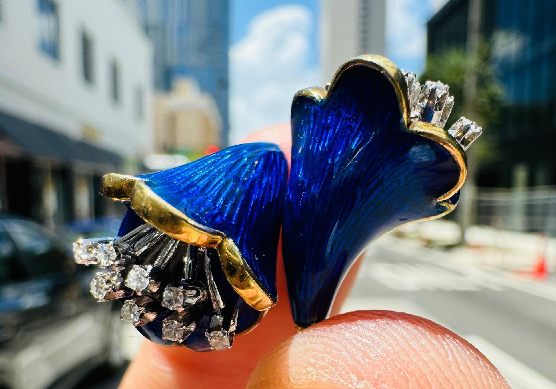 Vintage Calla Lillie Floral Diamond & Cobalt Blue Enamel Cocktail Ring