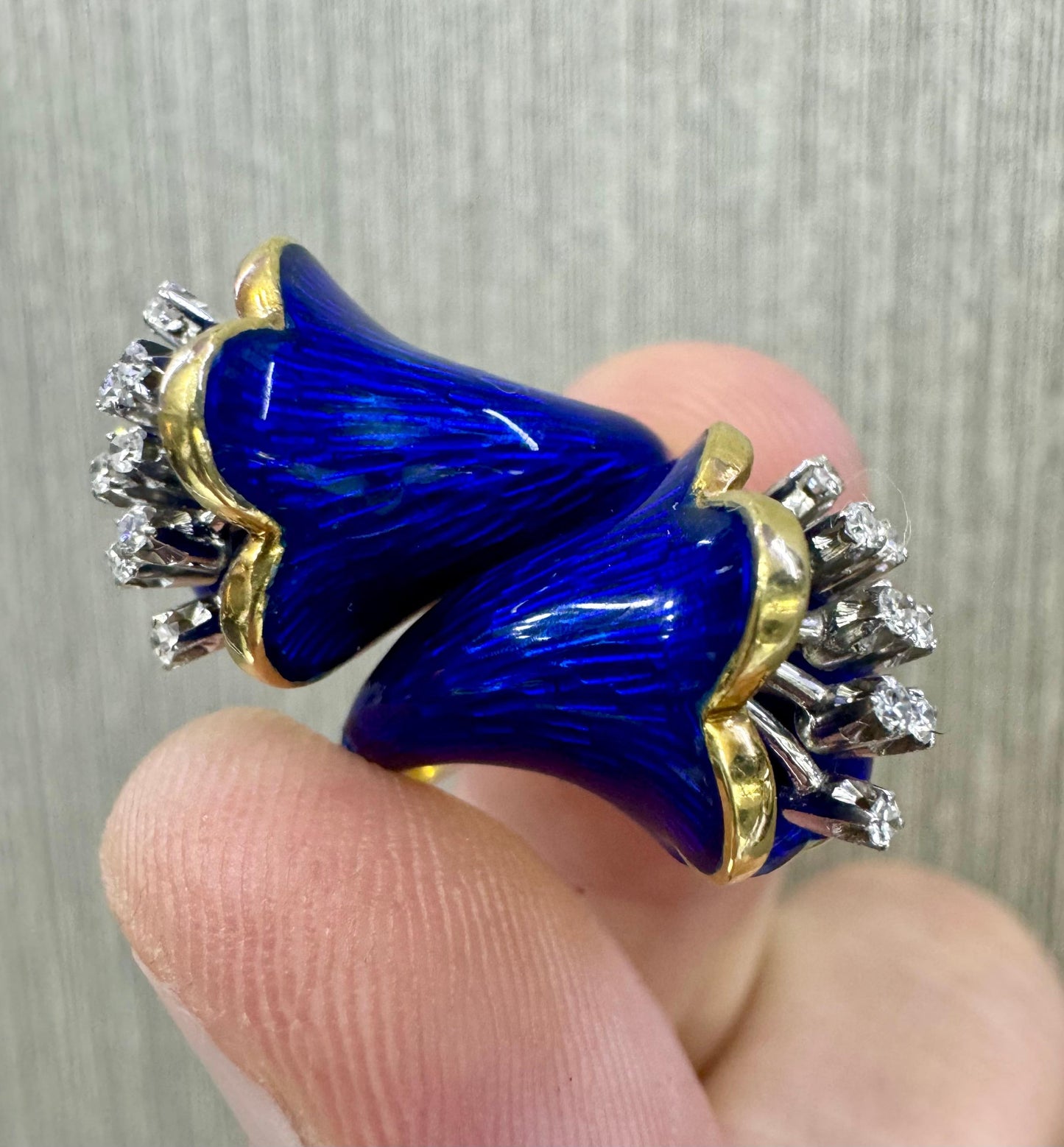 Vintage Calla Lillie Floral Diamond & Cobalt Blue Enamel Cocktail Ring