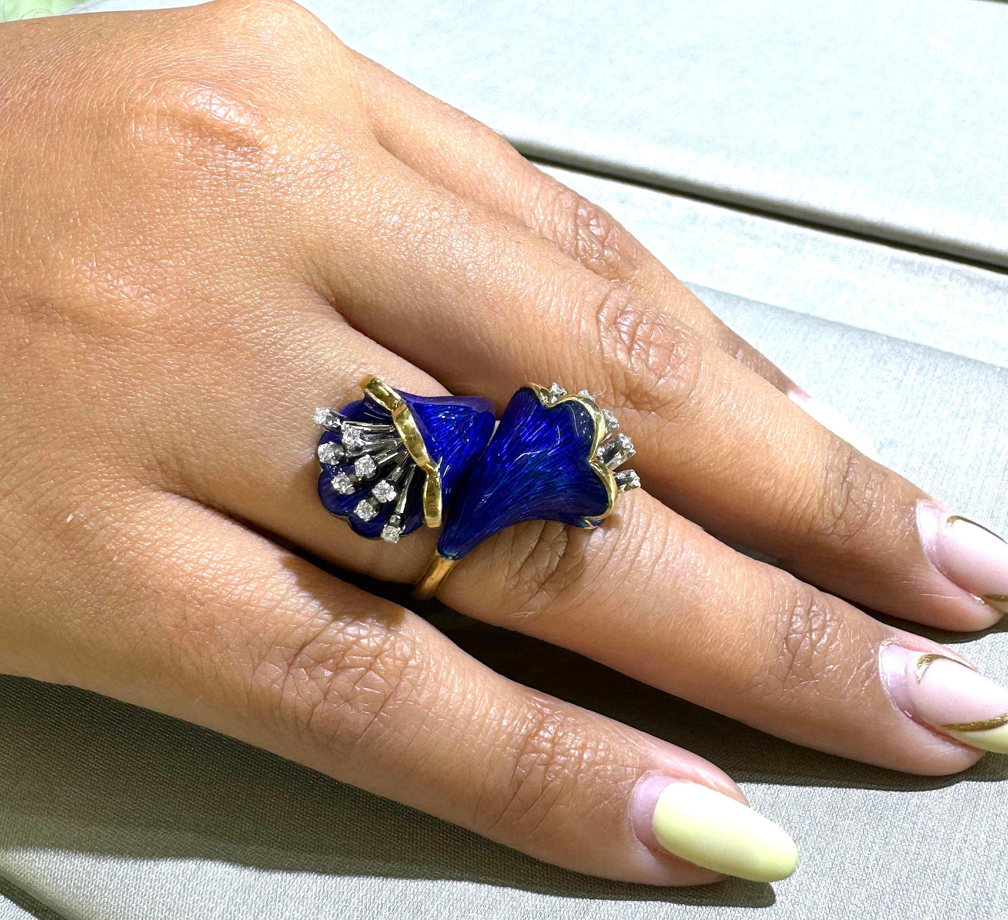 Vintage Calla Lillie Floral Diamond & Cobalt Blue Enamel Cocktail Ring