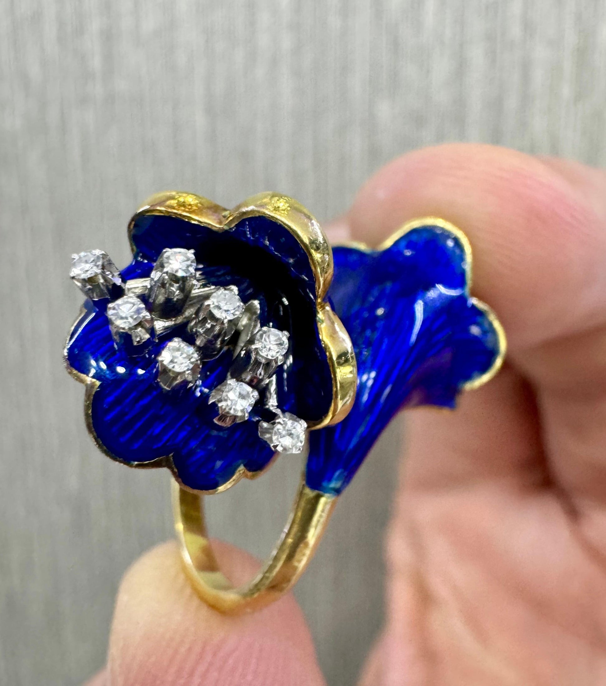 Vintage Calla Lillie Floral Diamond & Cobalt Blue Enamel Cocktail Ring