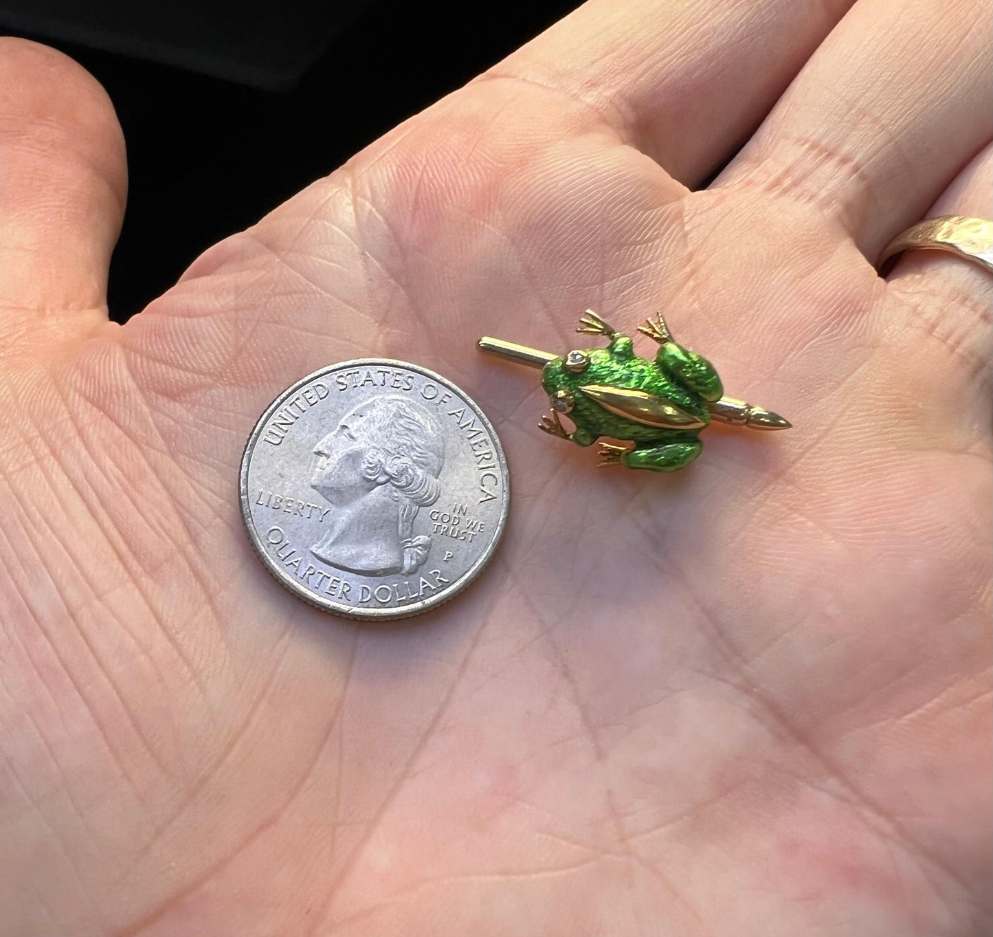 Vintage Diamond Enamel Frog Button Stud 14k Yellow Gold