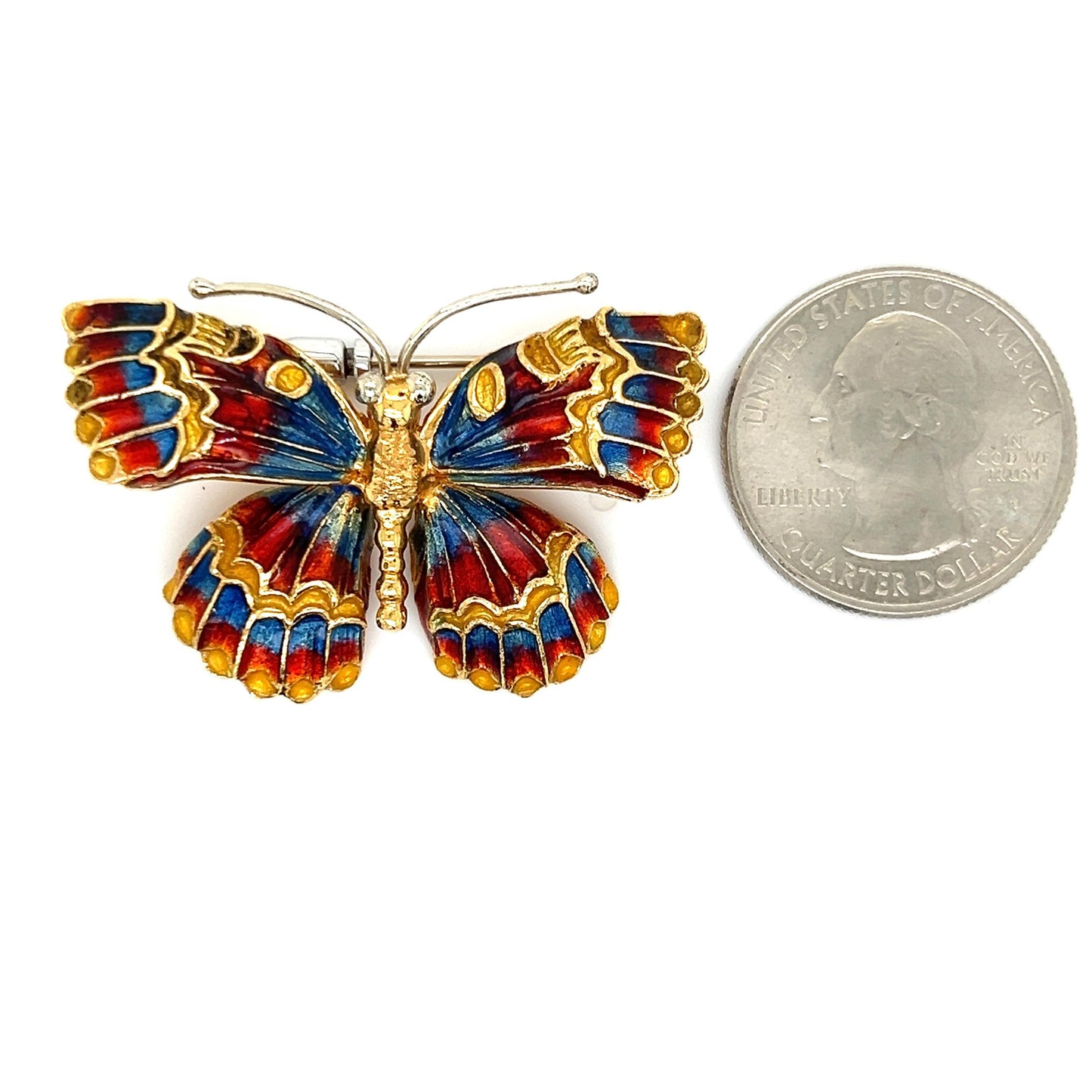 Vintage Enamel Butterfly Brooch 18k Yellow Gold Italian Made