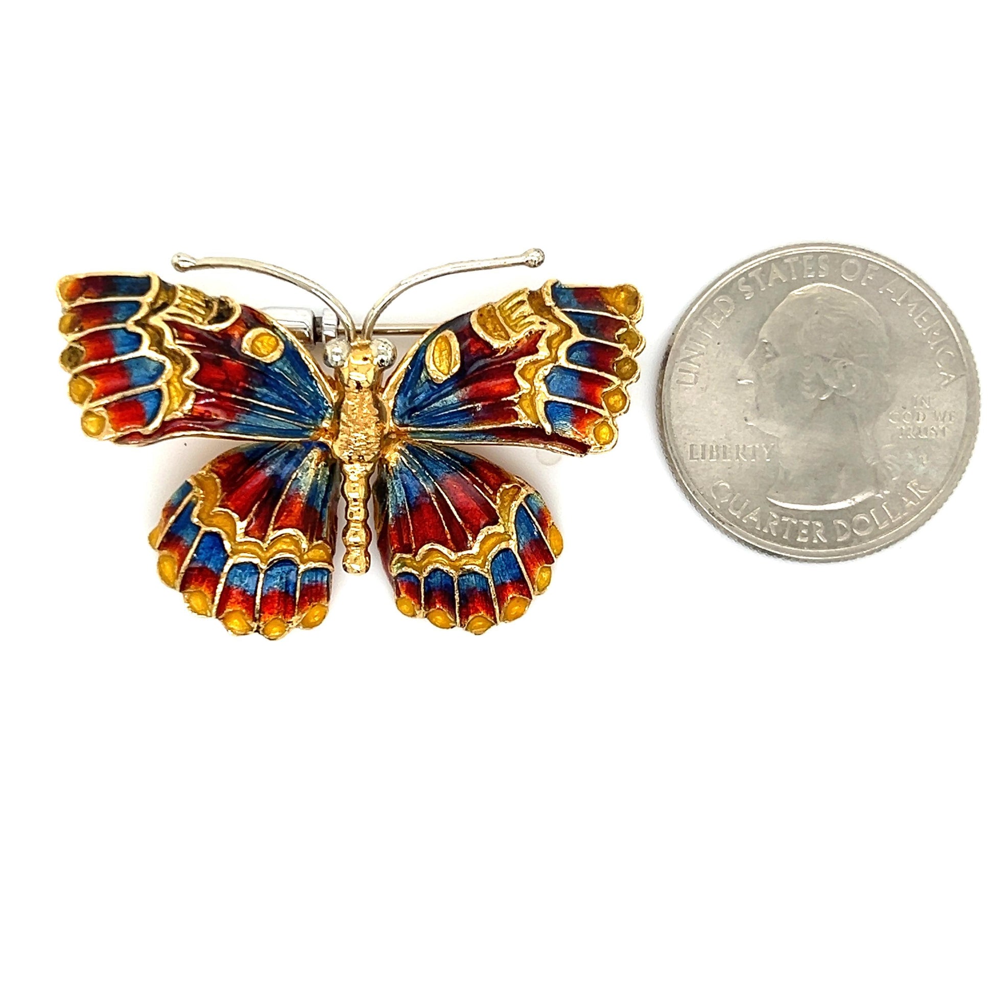 Vintage Enamel Butterfly Brooch 18k Yellow Gold Italian Made