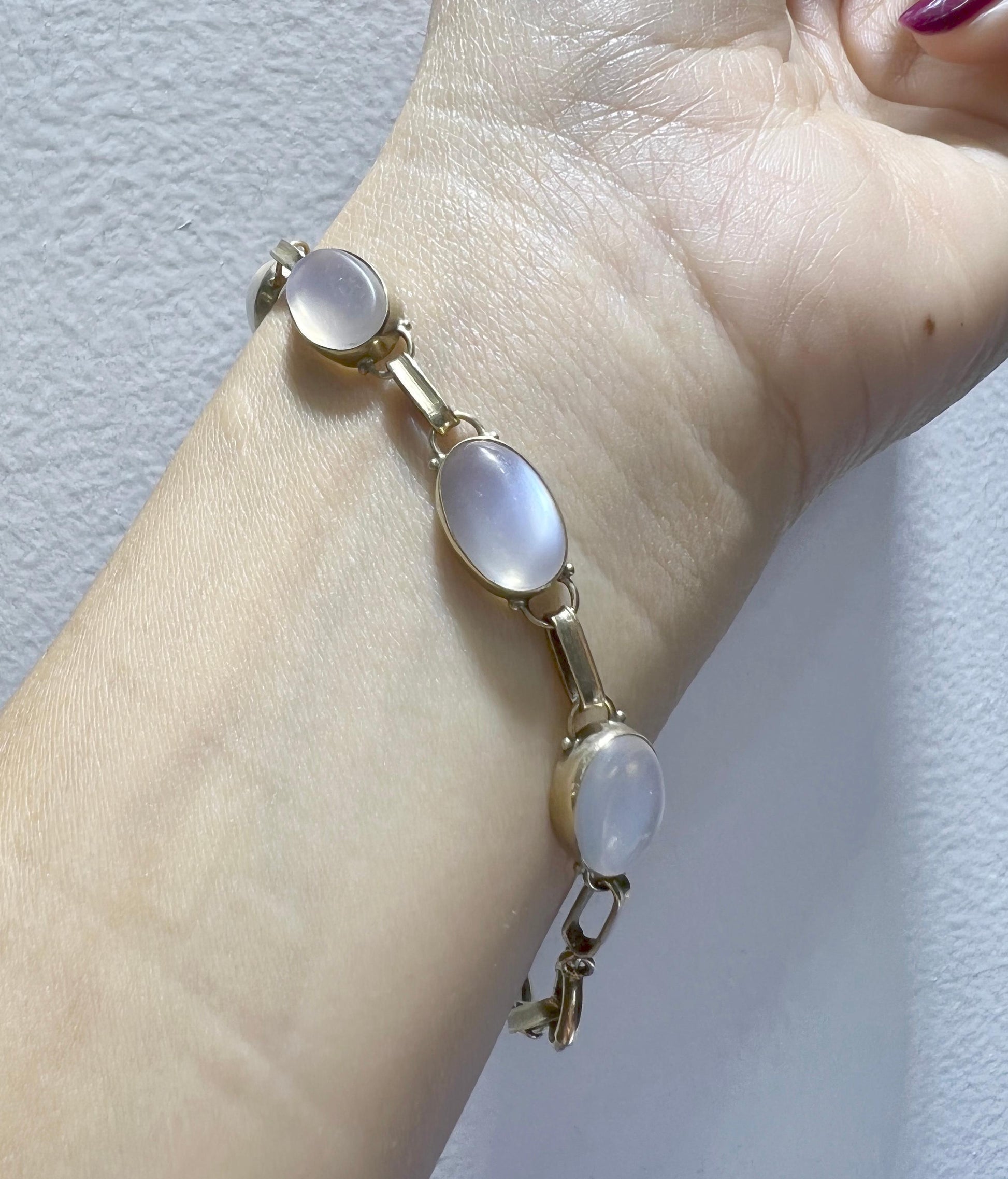 Vintage Mid Century Moonstone Gold Link Bracelet 14k
