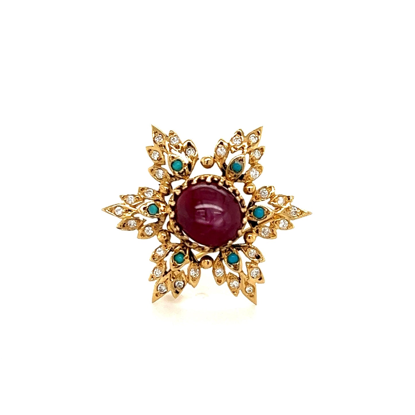 Vintage Ornate Snowflake Brooch Diamond Turquoise & Star Ruby Gemstones