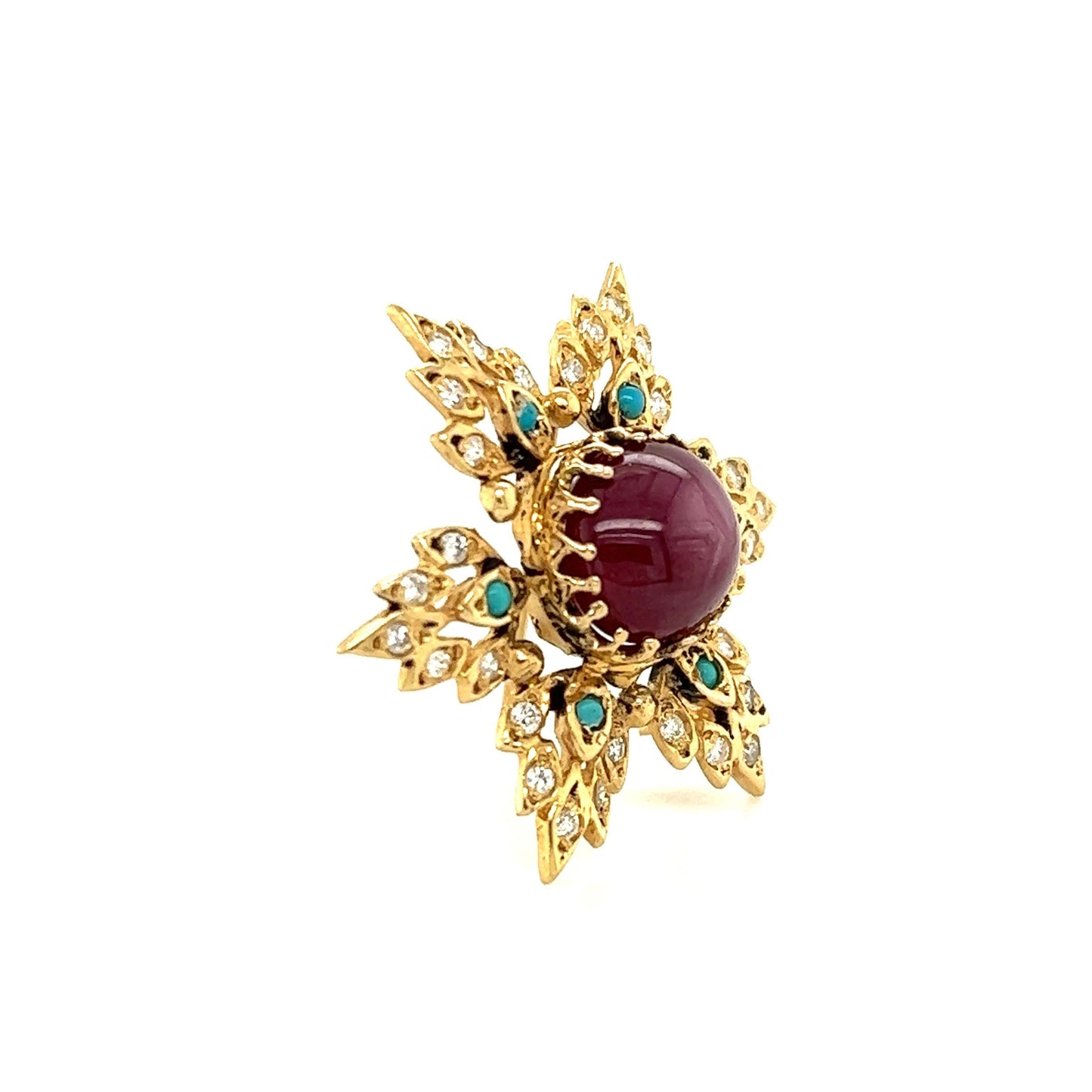 Vintage Ornate Snowflake Brooch Diamond Turquoise & Star Ruby Gemstones