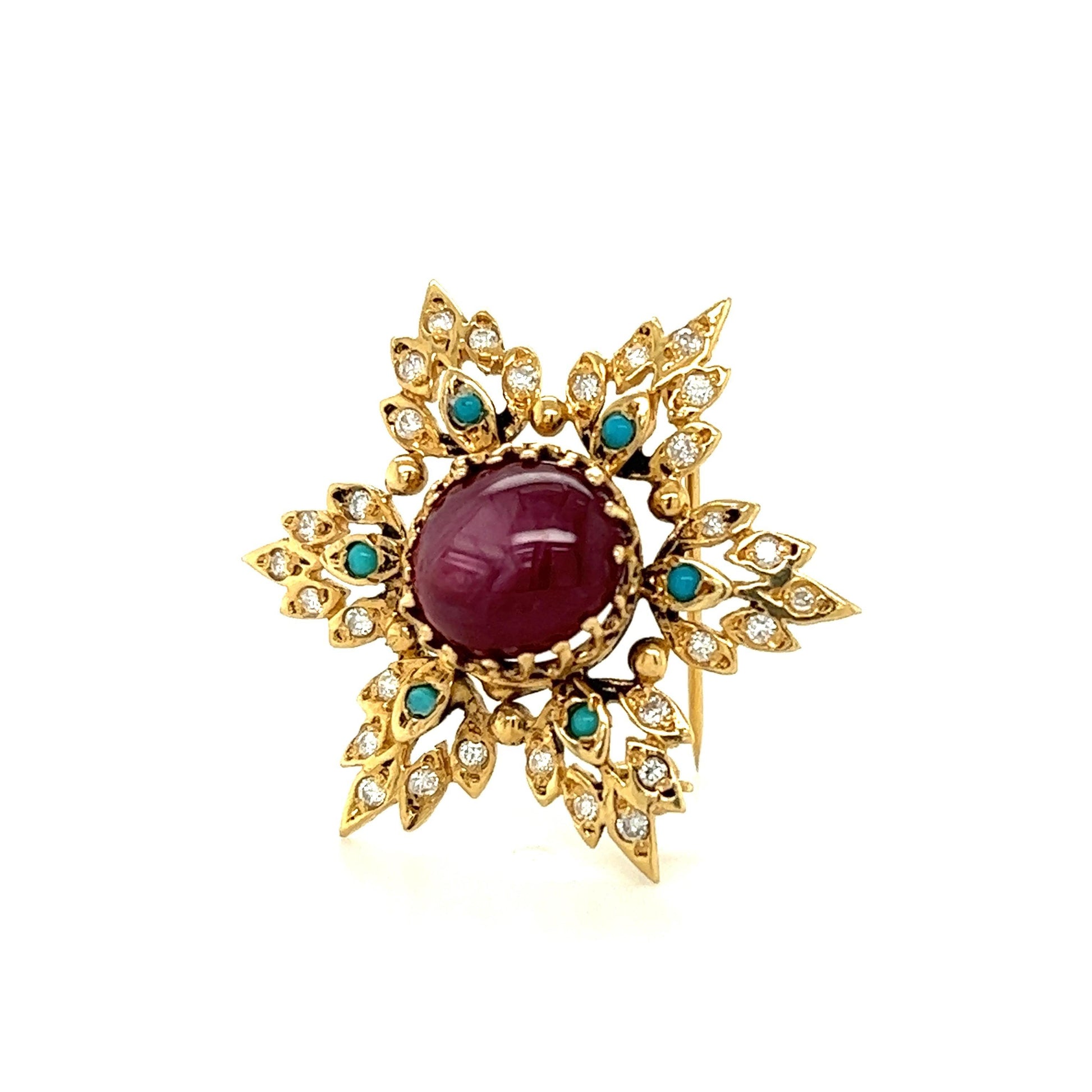 Vintage Ornate Snowflake Brooch Diamond Turquoise & Star Ruby Gemstones