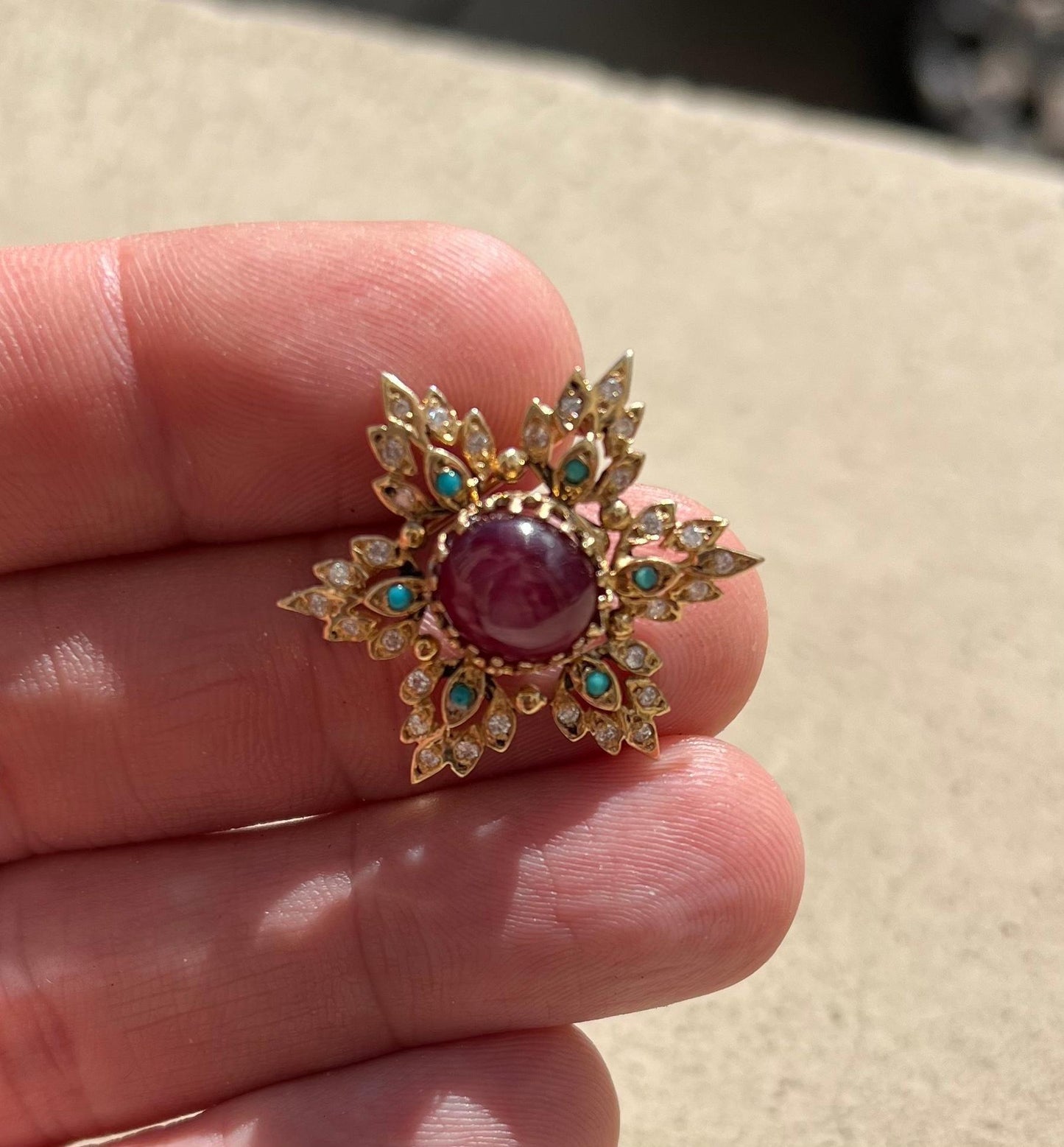 Vintage Ornate Snowflake Brooch Diamond Turquoise & Star Ruby Gemstones