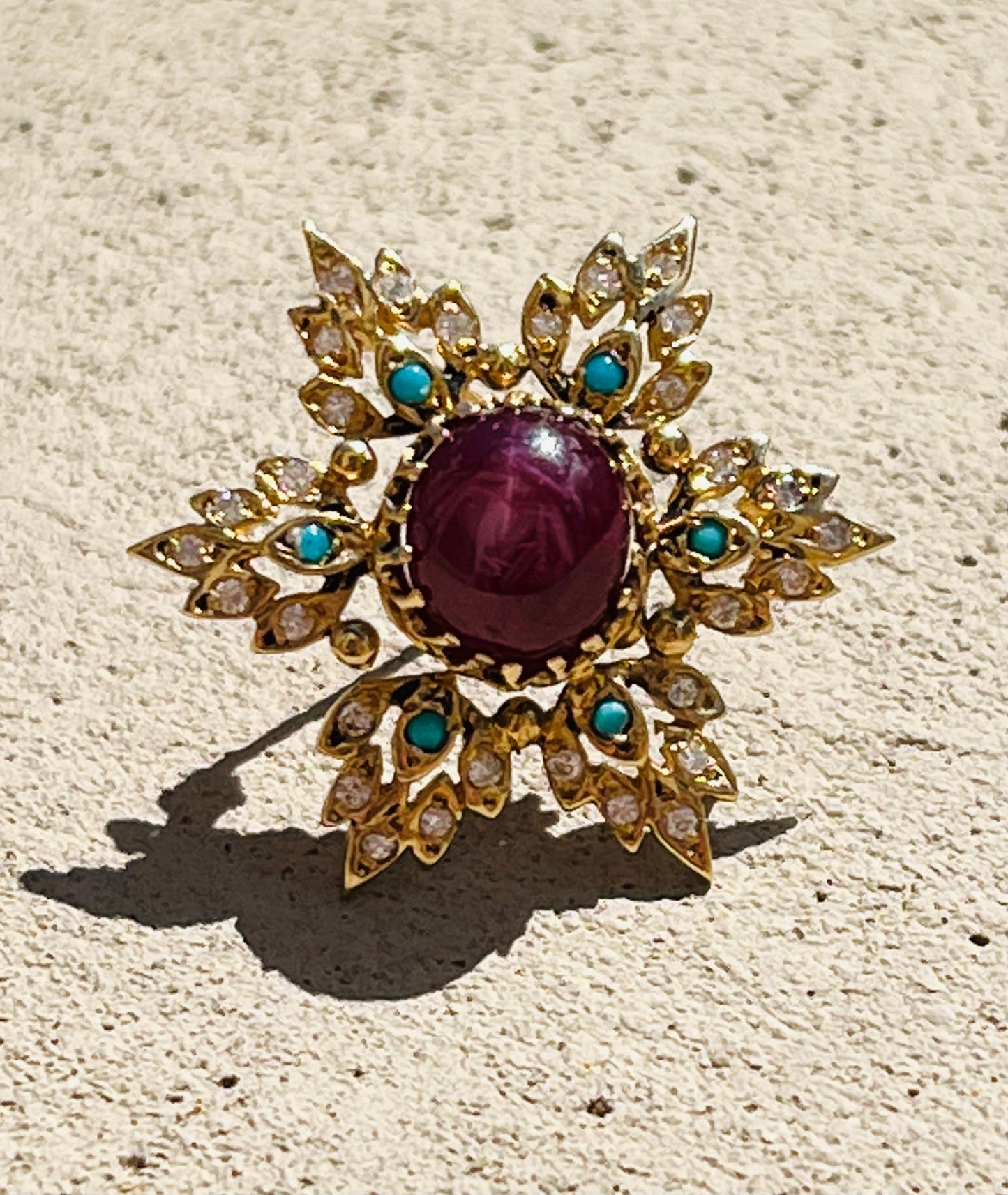 Vintage Ornate Snowflake Brooch Diamond Turquoise & Star Ruby Gemstones
