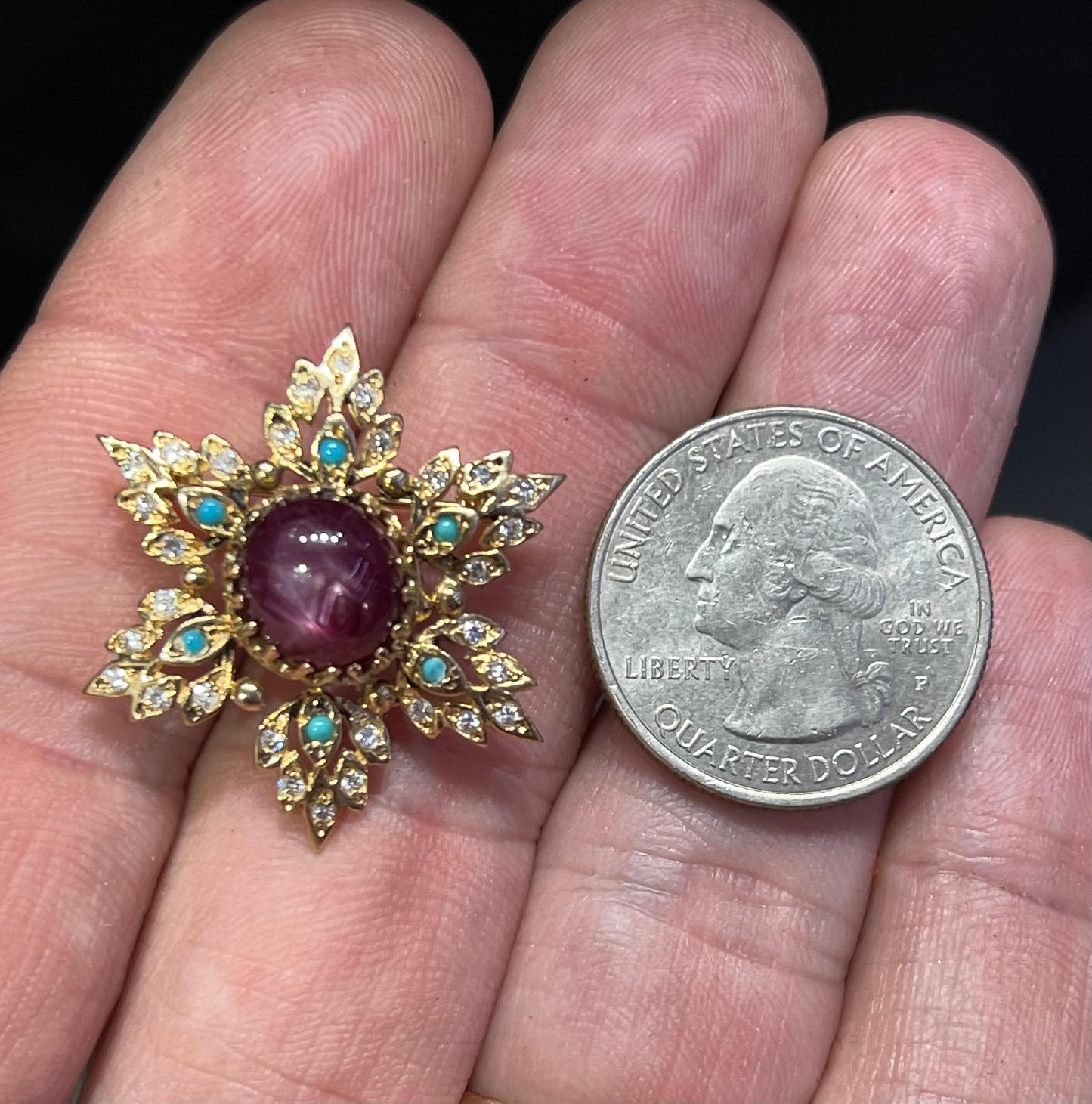 Vintage Ornate Snowflake Brooch Diamond Turquoise & Star Ruby Gemstones