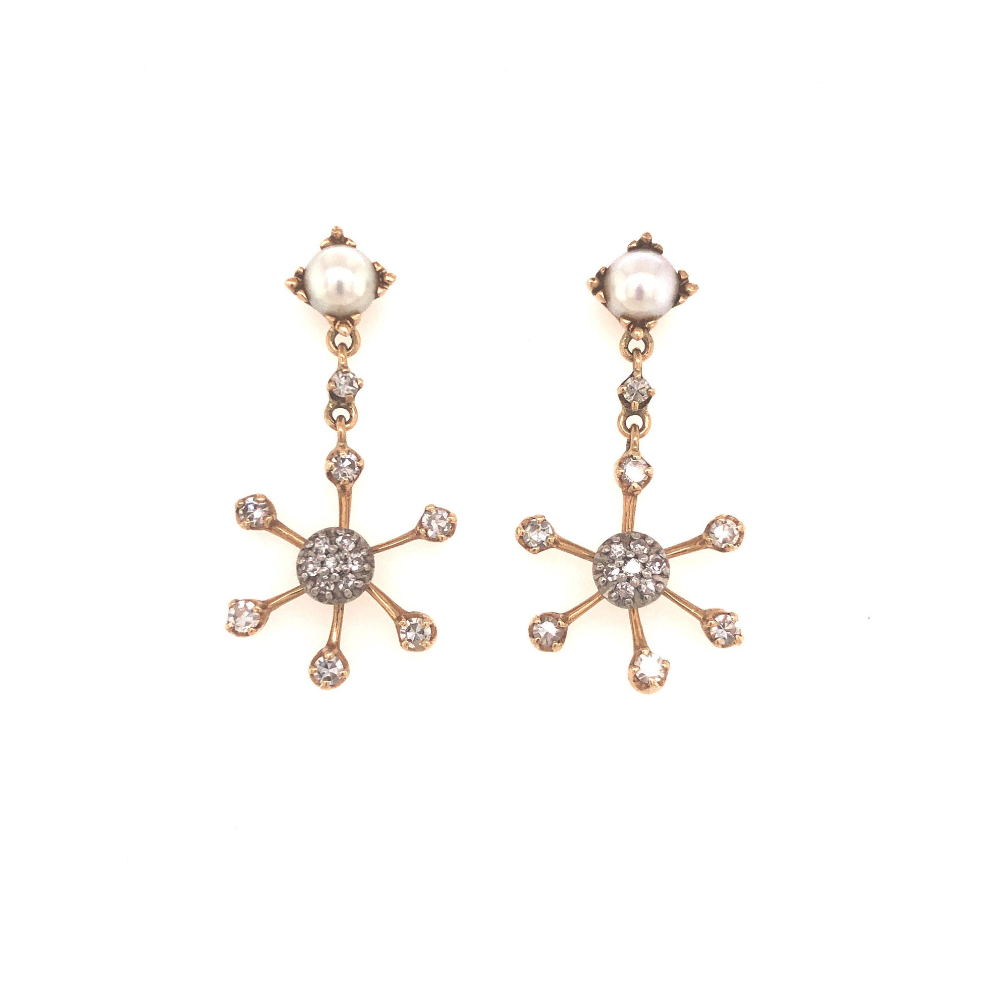 Vintage Snowflake Diamond & Pearl Dangling Earrings 14k Yellow Gold