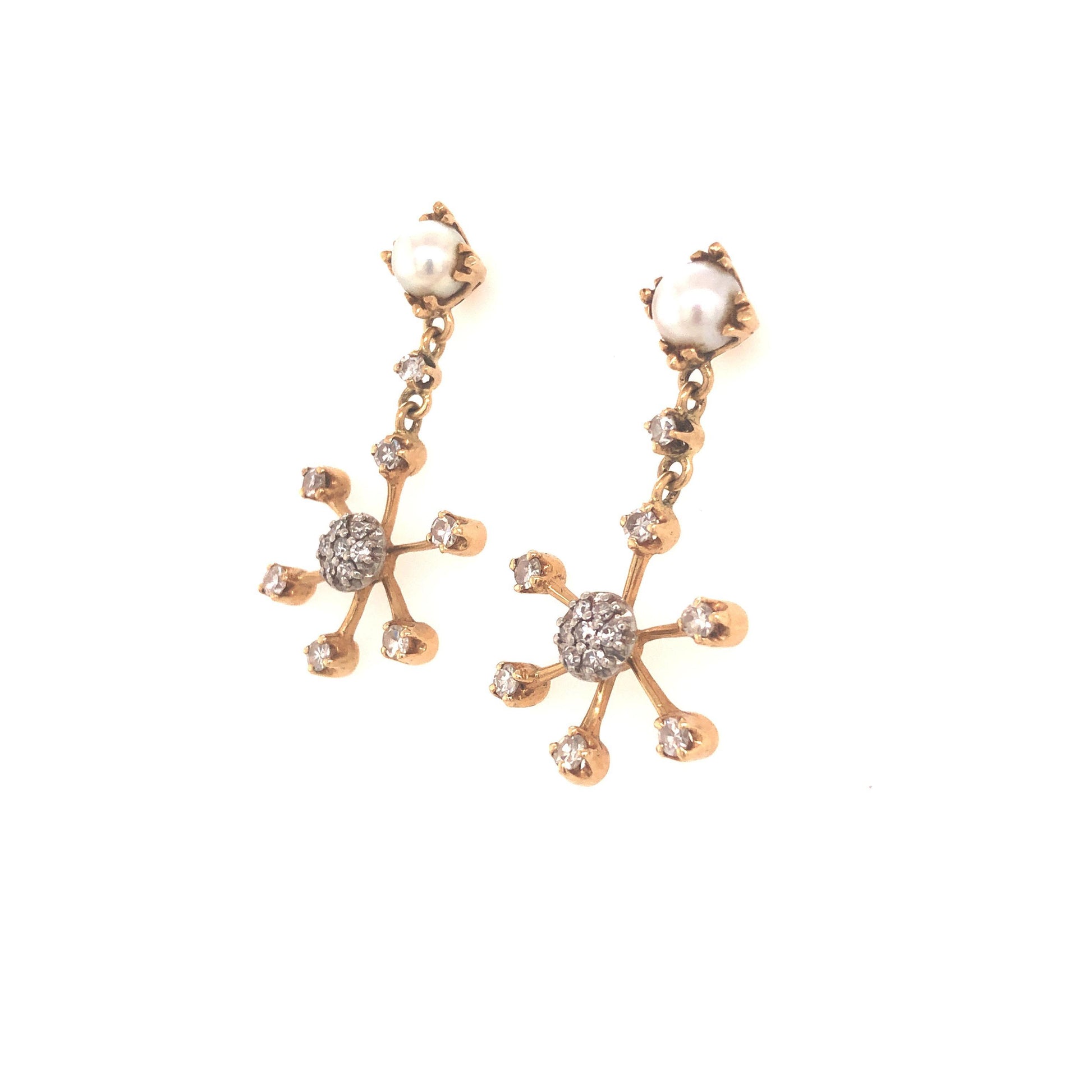 Vintage Snowflake Diamond & Pearl Dangling Earrings 14k Yellow Gold