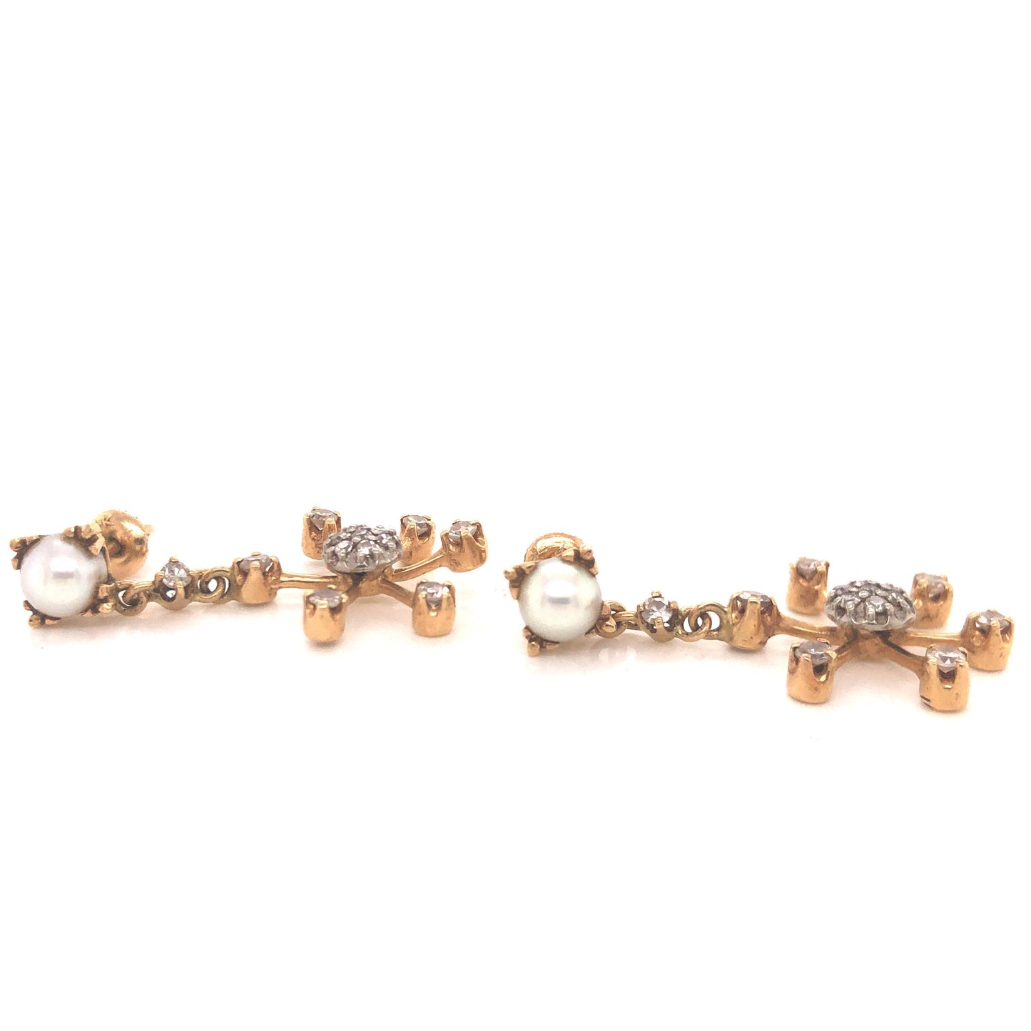 Vintage Snowflake Diamond & Pearl Dangling Earrings 14k Yellow Gold