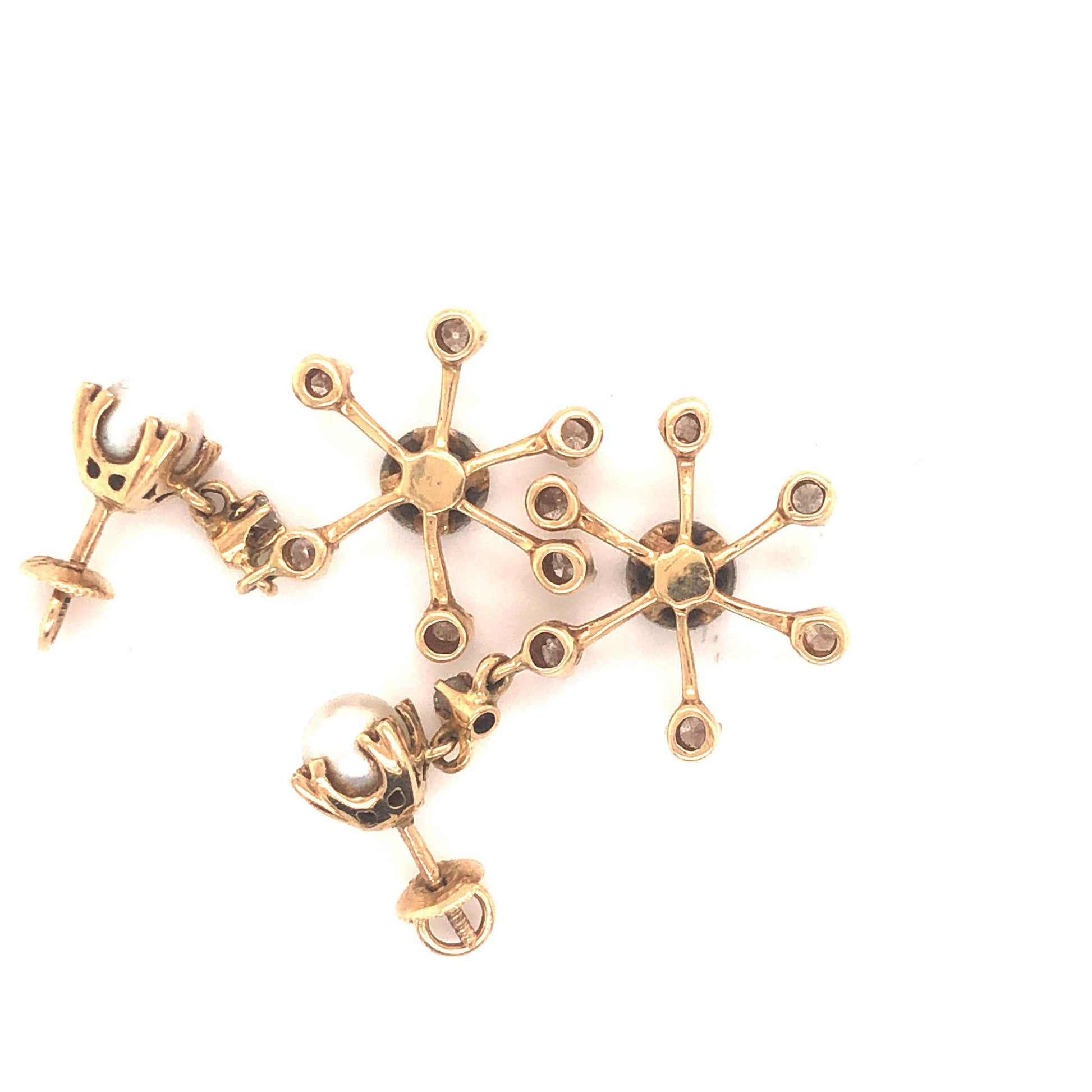 Vintage Snowflake Diamond & Pearl Dangling Earrings 14k Yellow Gold