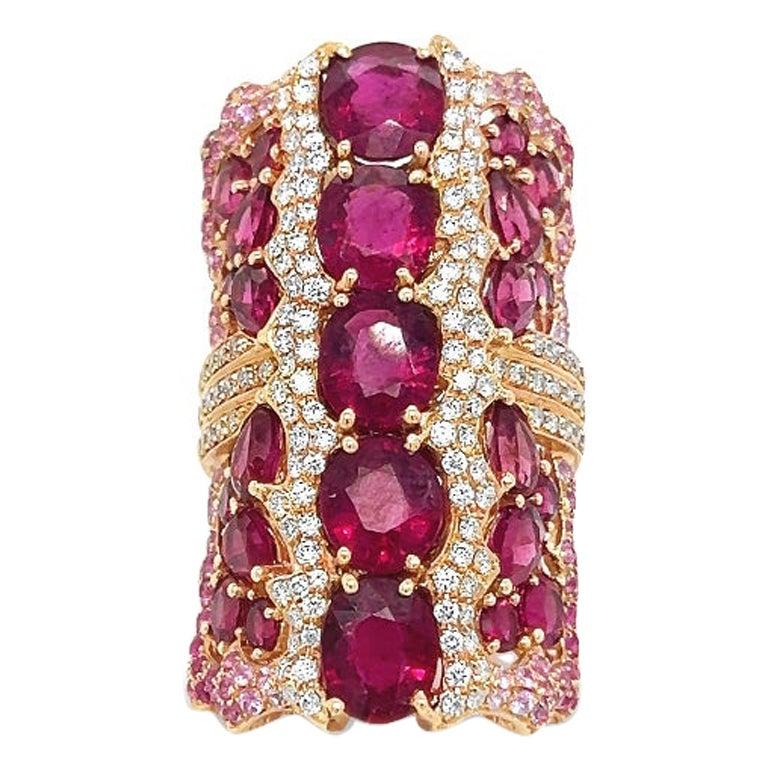 Wendy Yue Diamond Rubellite & Sapphire Gemstone Cocktail Ring 18k Rose Gold