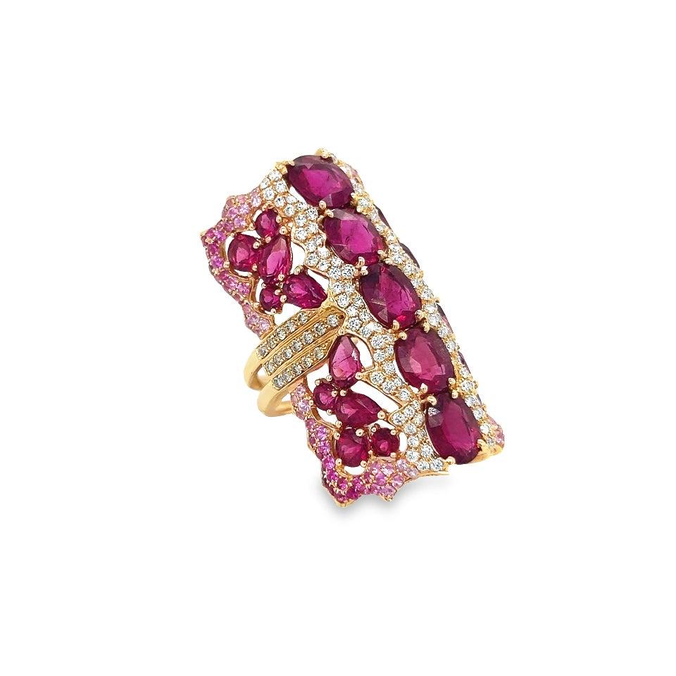 Wendy Yue Diamond Rubellite & Sapphire Gemstone Cocktail Ring 18k Rose Gold
