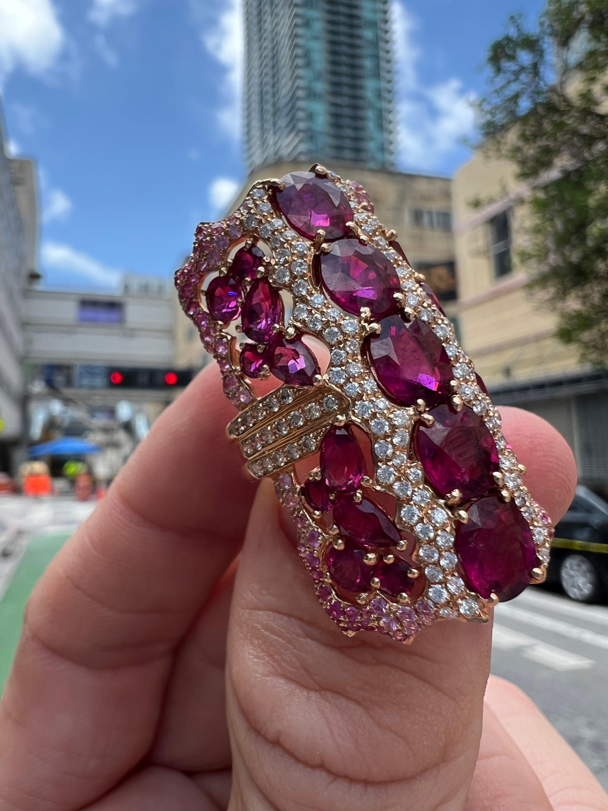 Wendy Yue Diamond Rubellite & Sapphire Gemstone Cocktail Ring 18k Rose Gold