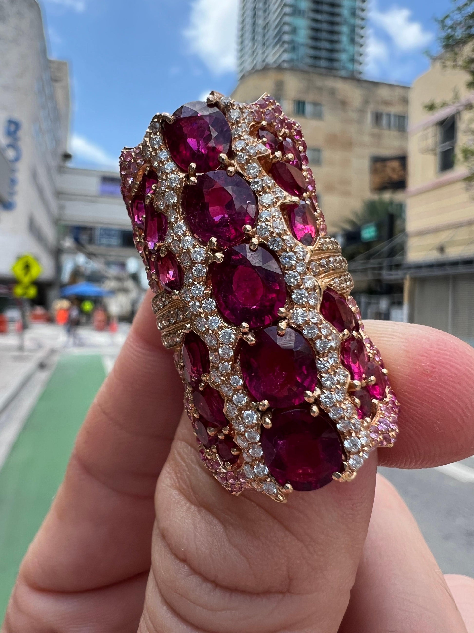 Wendy Yue Diamond Rubellite & Sapphire Gemstone Cocktail Ring 18k Rose Gold