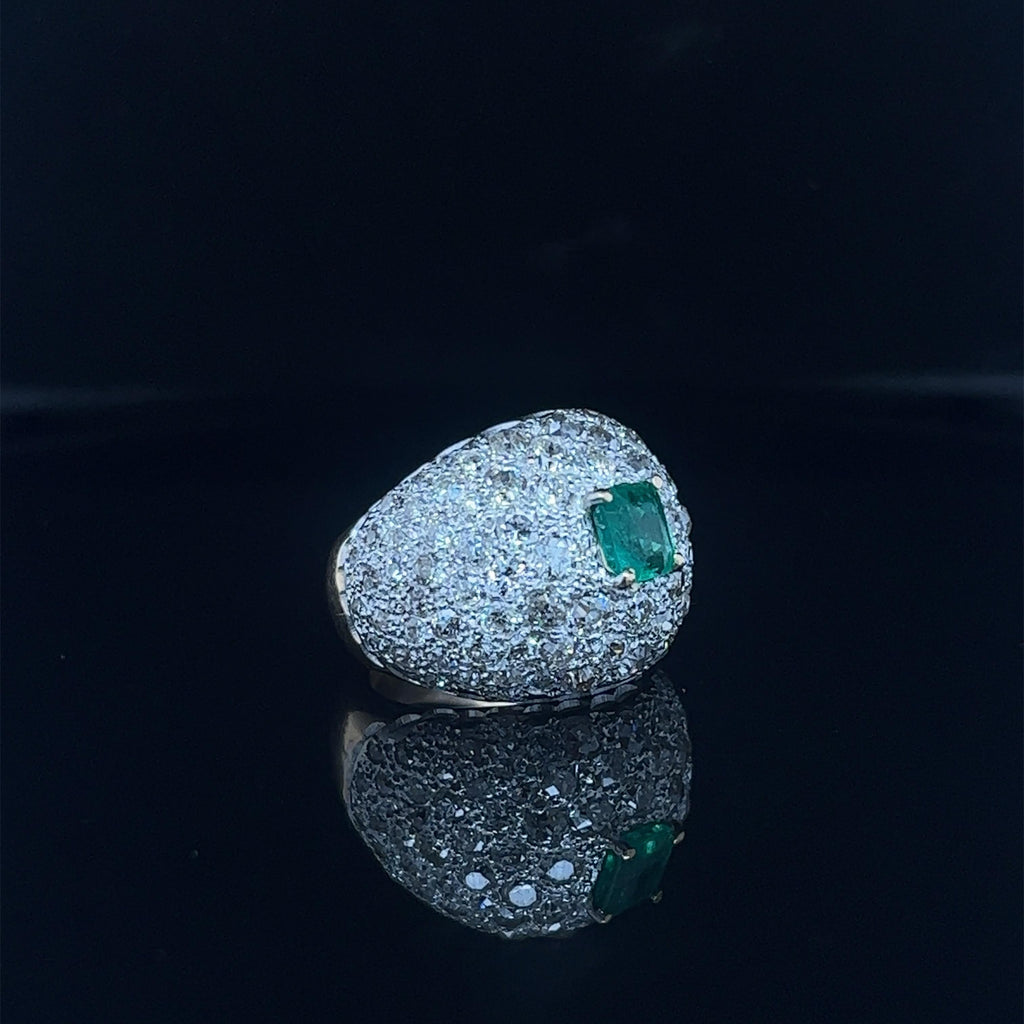 Art Deco Diamond & Colombian Emerald Dome Ring in Platinum & Gold