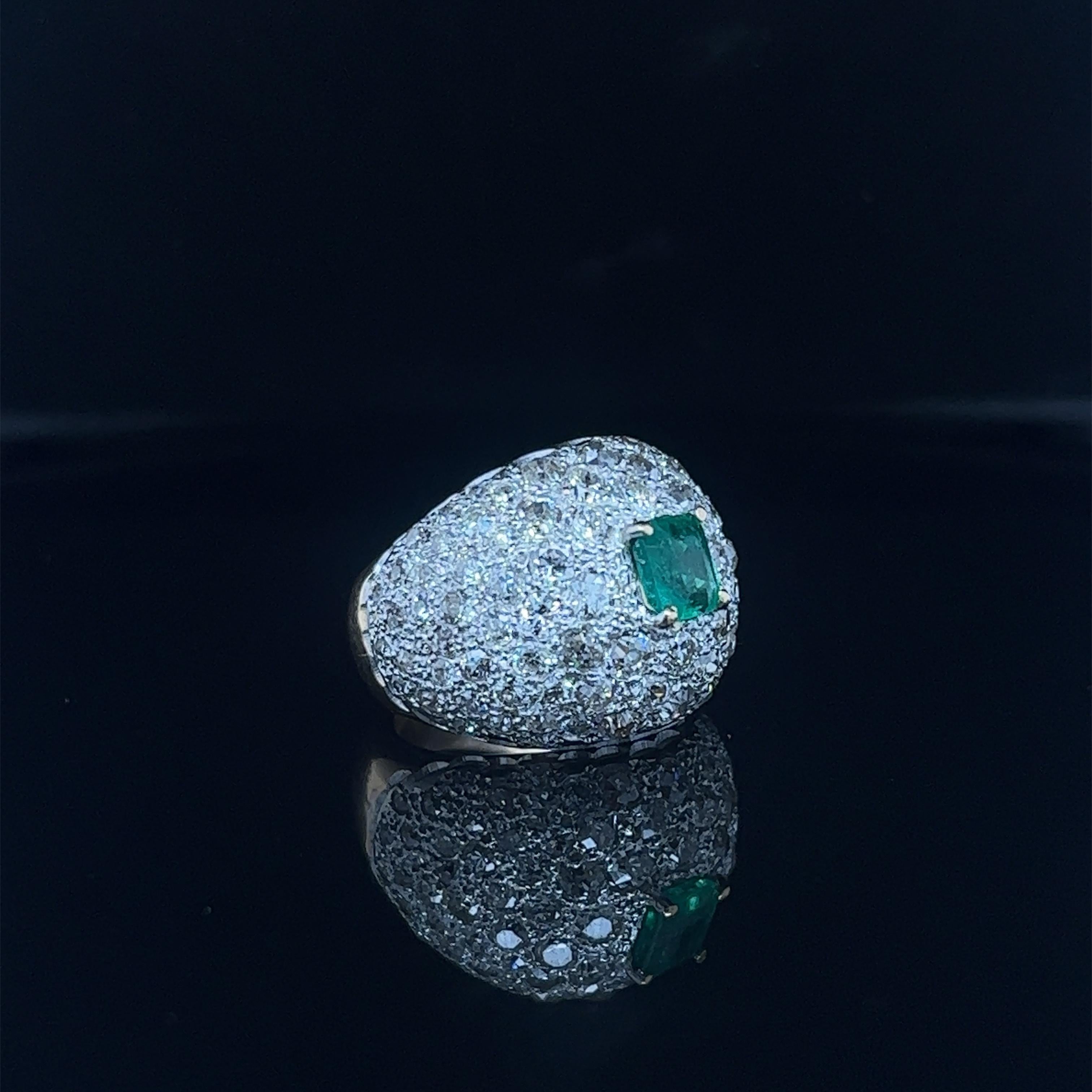 Art Deco Diamond & Colombian Emerald Dome Ring in Platinum & Gold